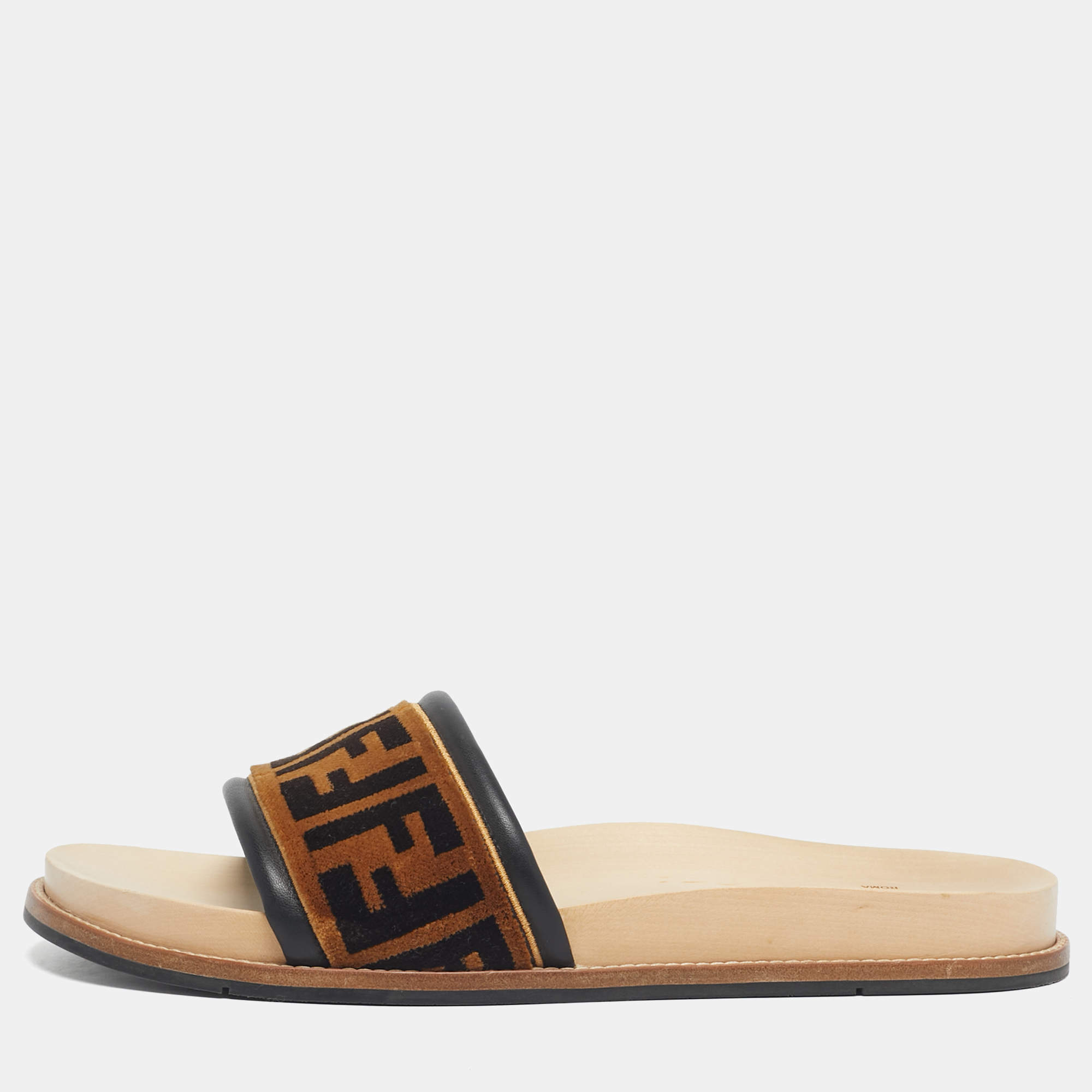Pre Owned Fendi Brown Velvet Zucca Flat Slide Size 45