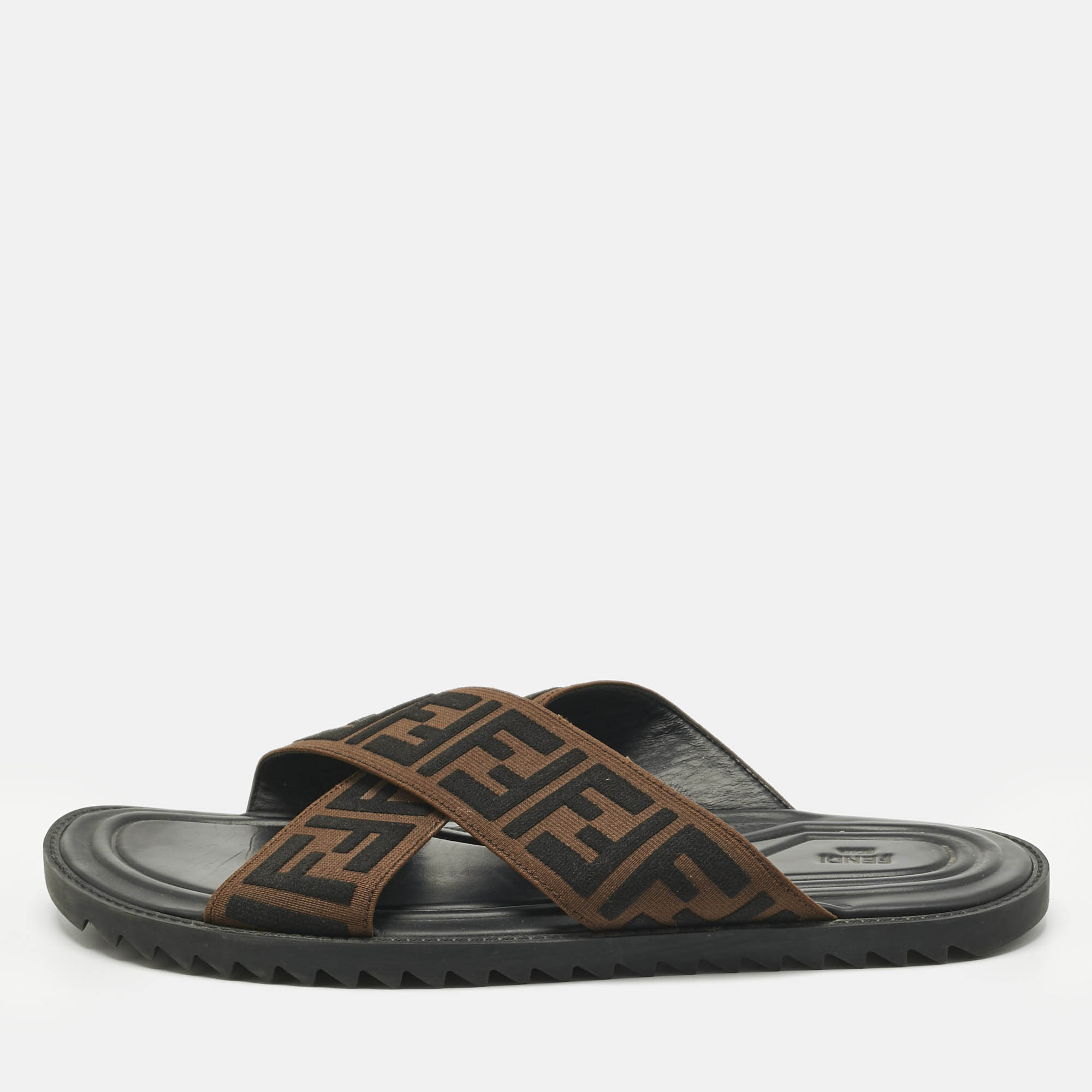 Pre Owned Fendi Brown/Black Zucca Canvas Cross Strap Flat Slides Size 43