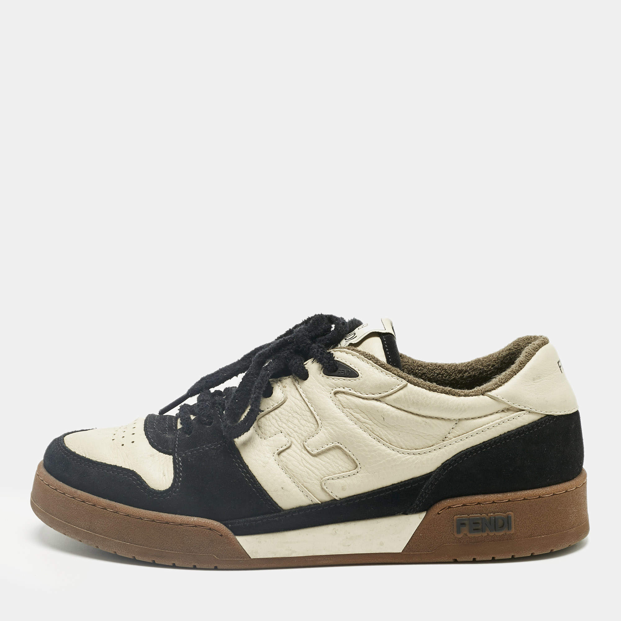 Pre Owned Fendi Cream/Black Leather and Suede Low Top Sneakers Size 43