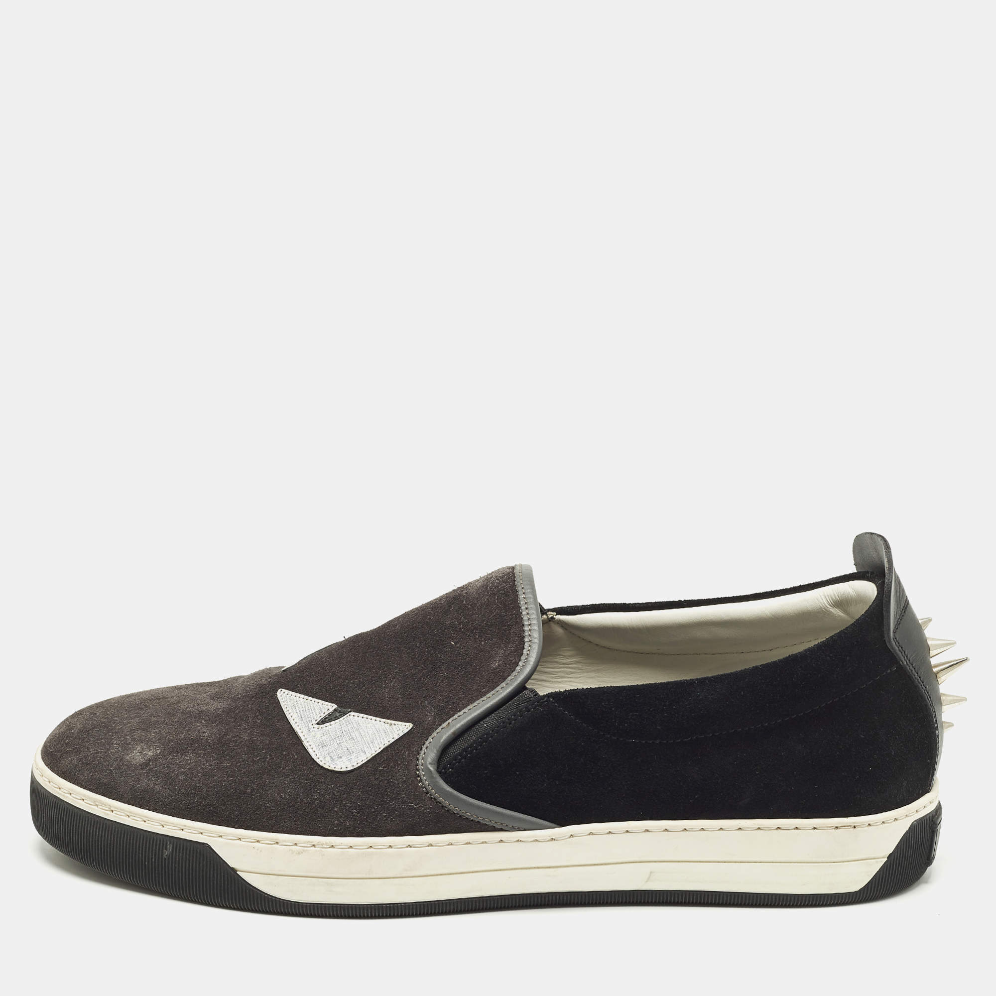 Pre Owned Fendi Monster Eyes Size 44.5 Black/Grey Leather and Suede Slip On Sneakers