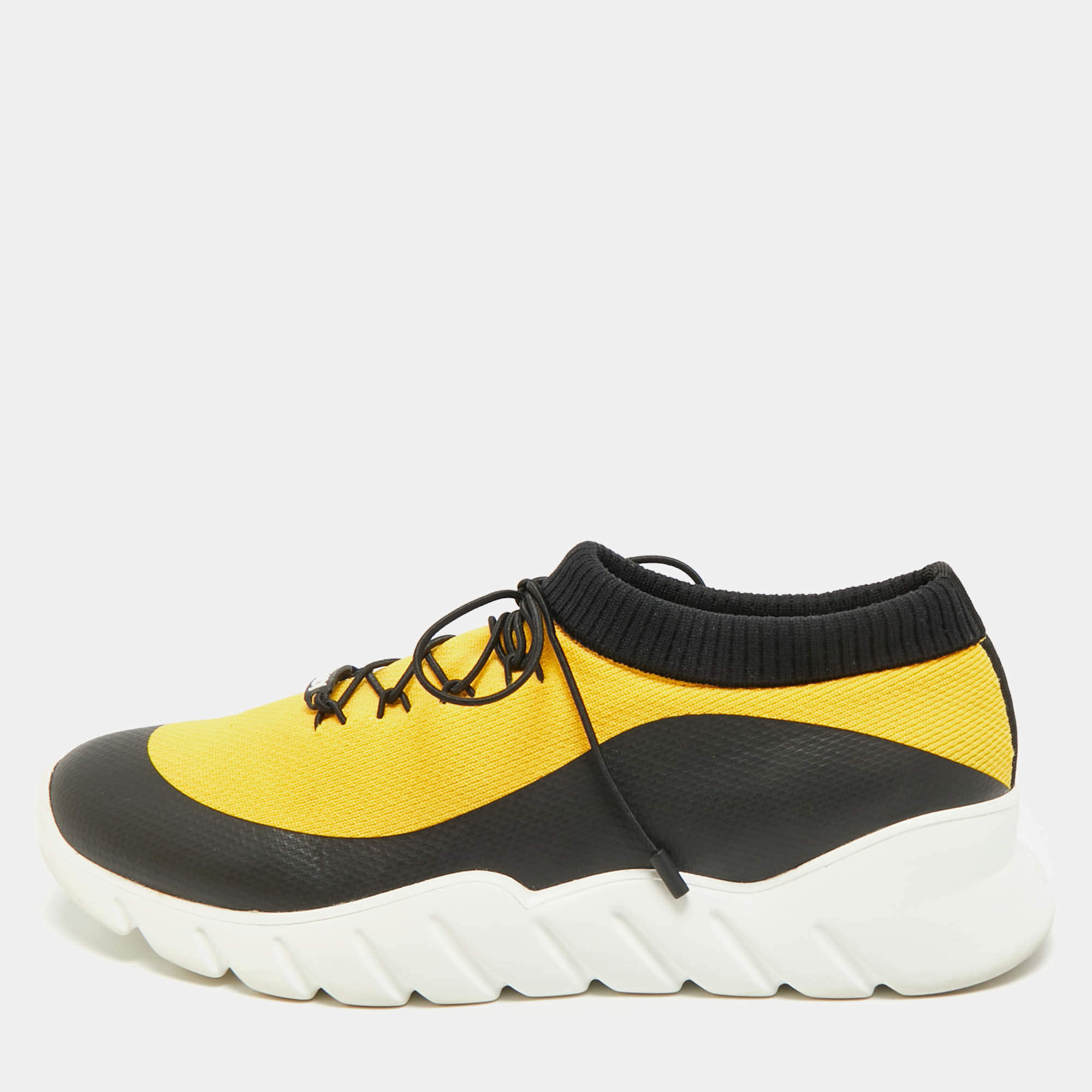 Pre Owned Fendi Bugs Size 40 Yellow/Black Knit Fabric Low Top Sneakers