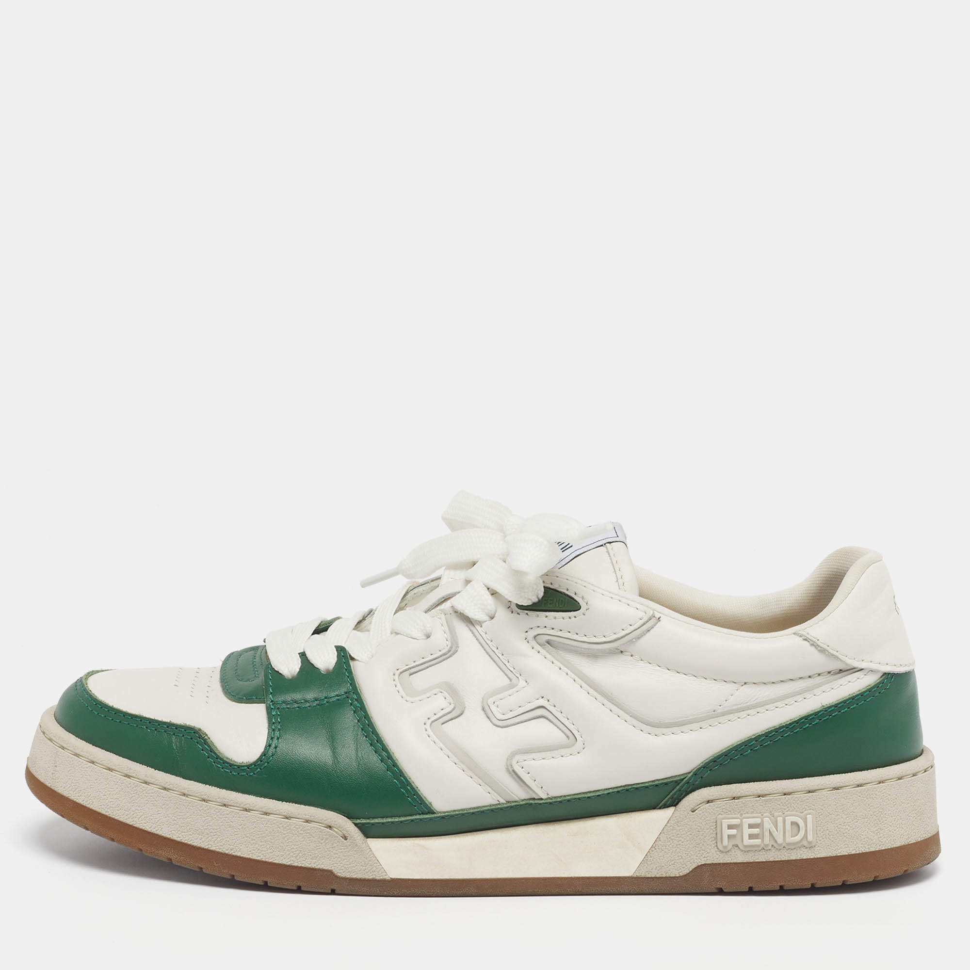 Pre Owned Fendi Match Size 42 White/Green Leather Lace Up Sneakers