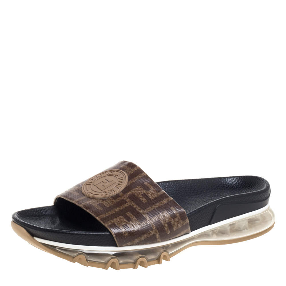 Pre Owned Fendi Brown/Beige Coated Canvas FF Logo Bubble Sole Slides Size 42