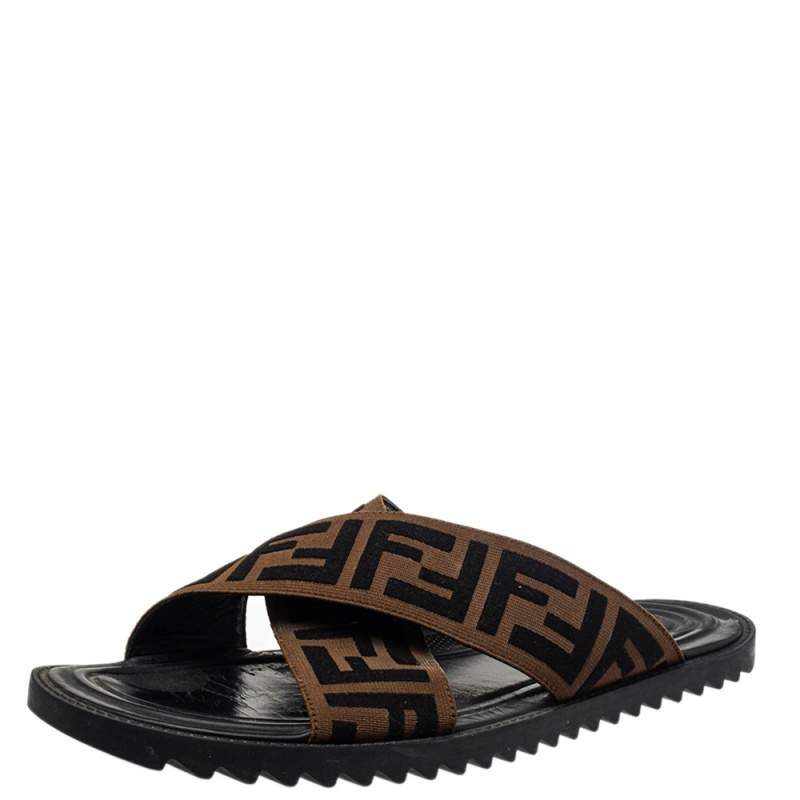Fendi Brown Zucca Canvas Crisscross Slide Sandals Size 41