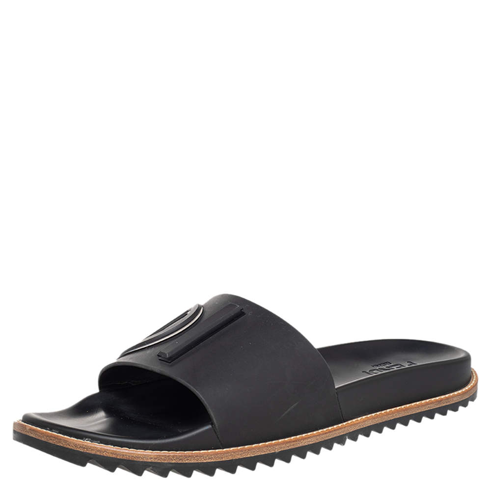 Fendi Black Rubber Flat Slides Size 46