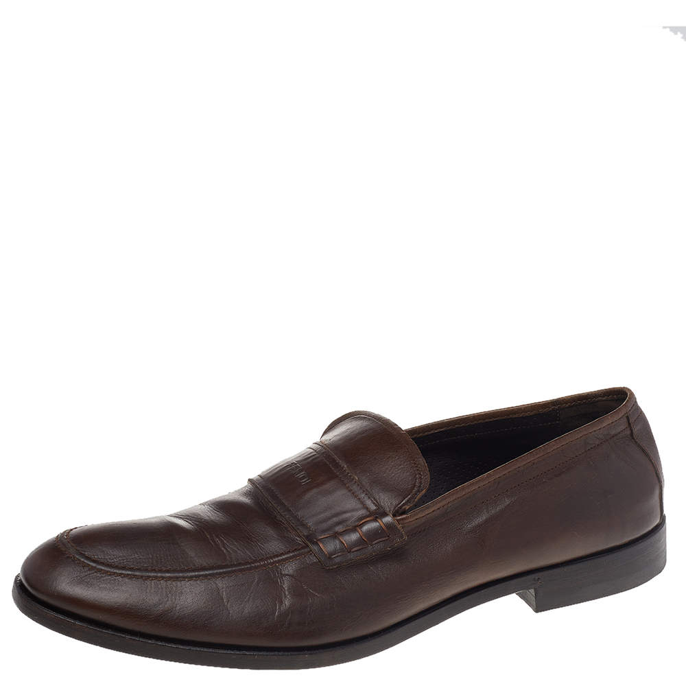Fendi Brown Leather Slip On Loafers Size 43.5
