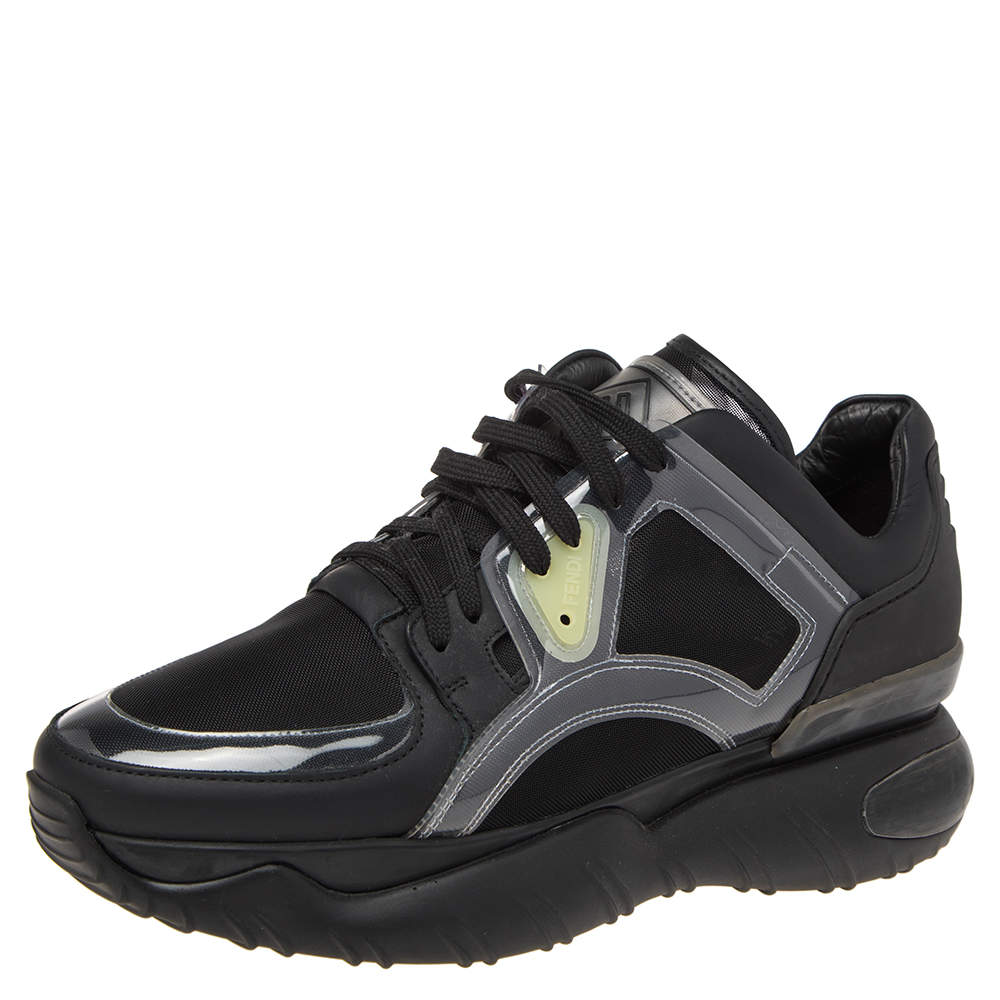 Fendi Black Leather And PVC Lace Up Sneakers Size 41