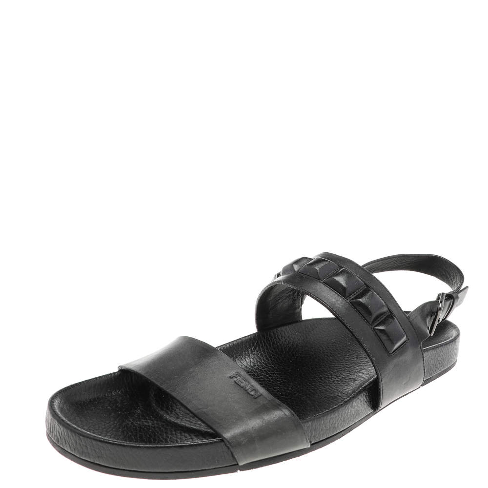 Pre Owned Fendi Black Leather Logo Flat Sandals Size 41