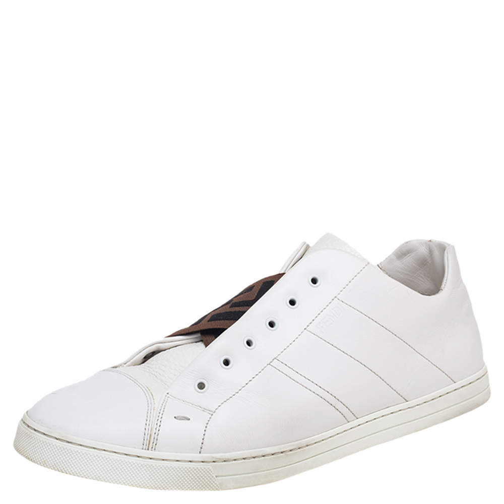 مملوكة مسبقًا Fendi White Leather FF Logo Cross Band Slip-On Sneakers Size 43