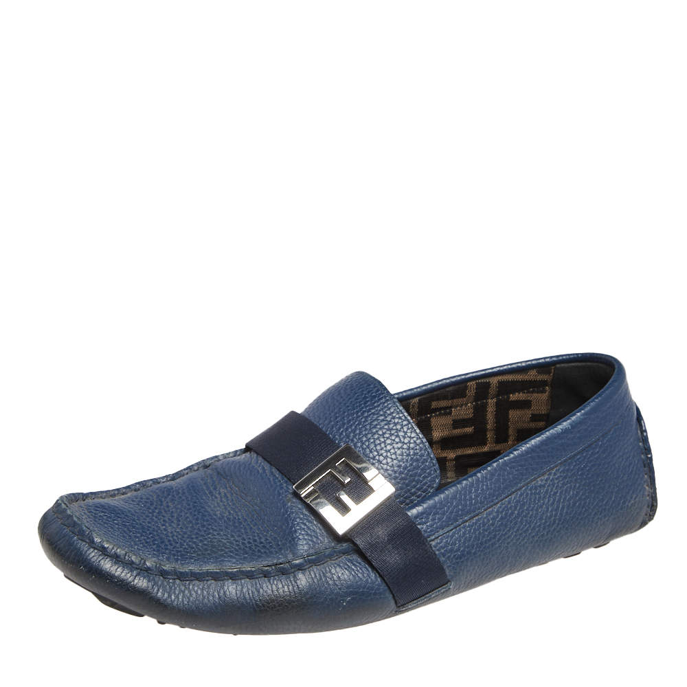 Fendi Blue Leather Slip On Loafers Size 42