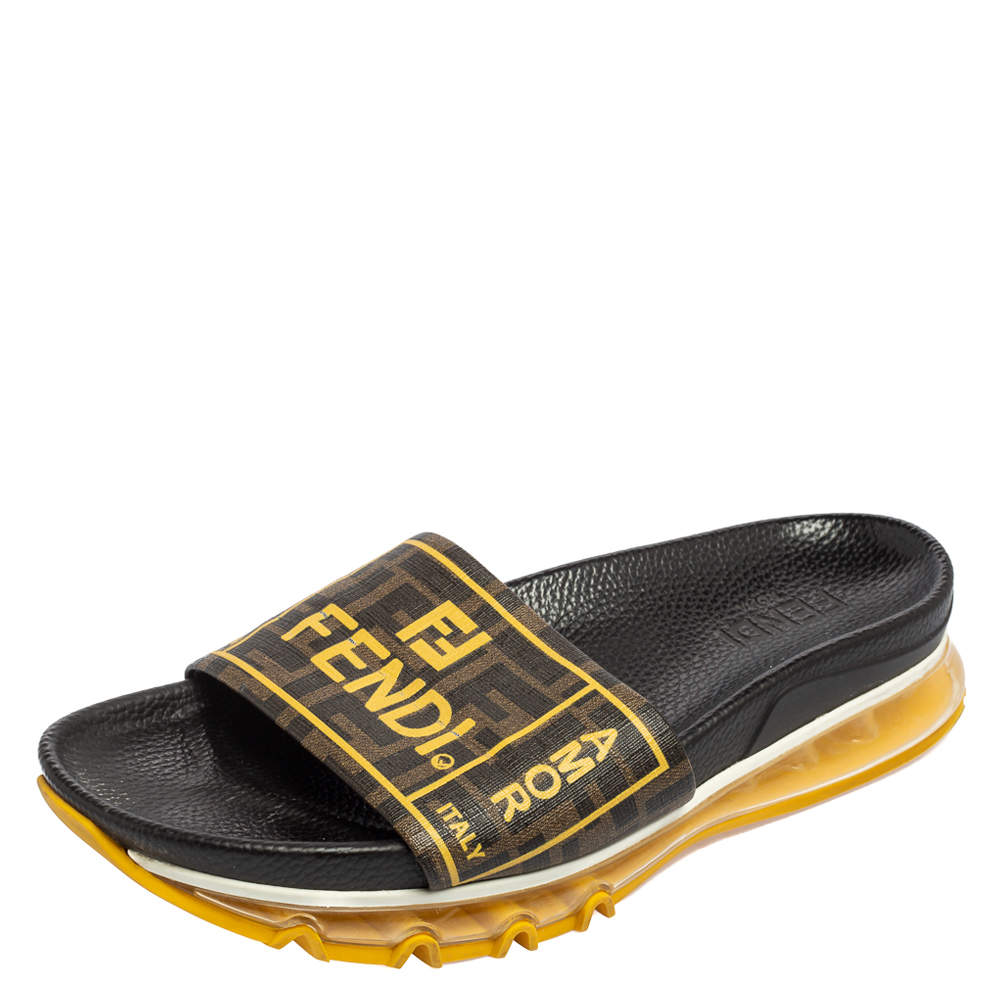 Pre Owned Fendi Brown Canvas Logo Print Slide Sandals Size 43