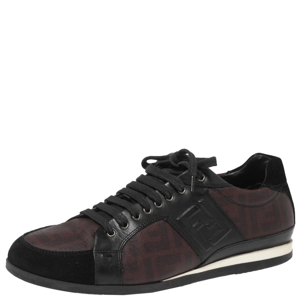 Fendi Black/Burgundy Zucca Canvas and Leather Low Top Sneakers Size 41.5