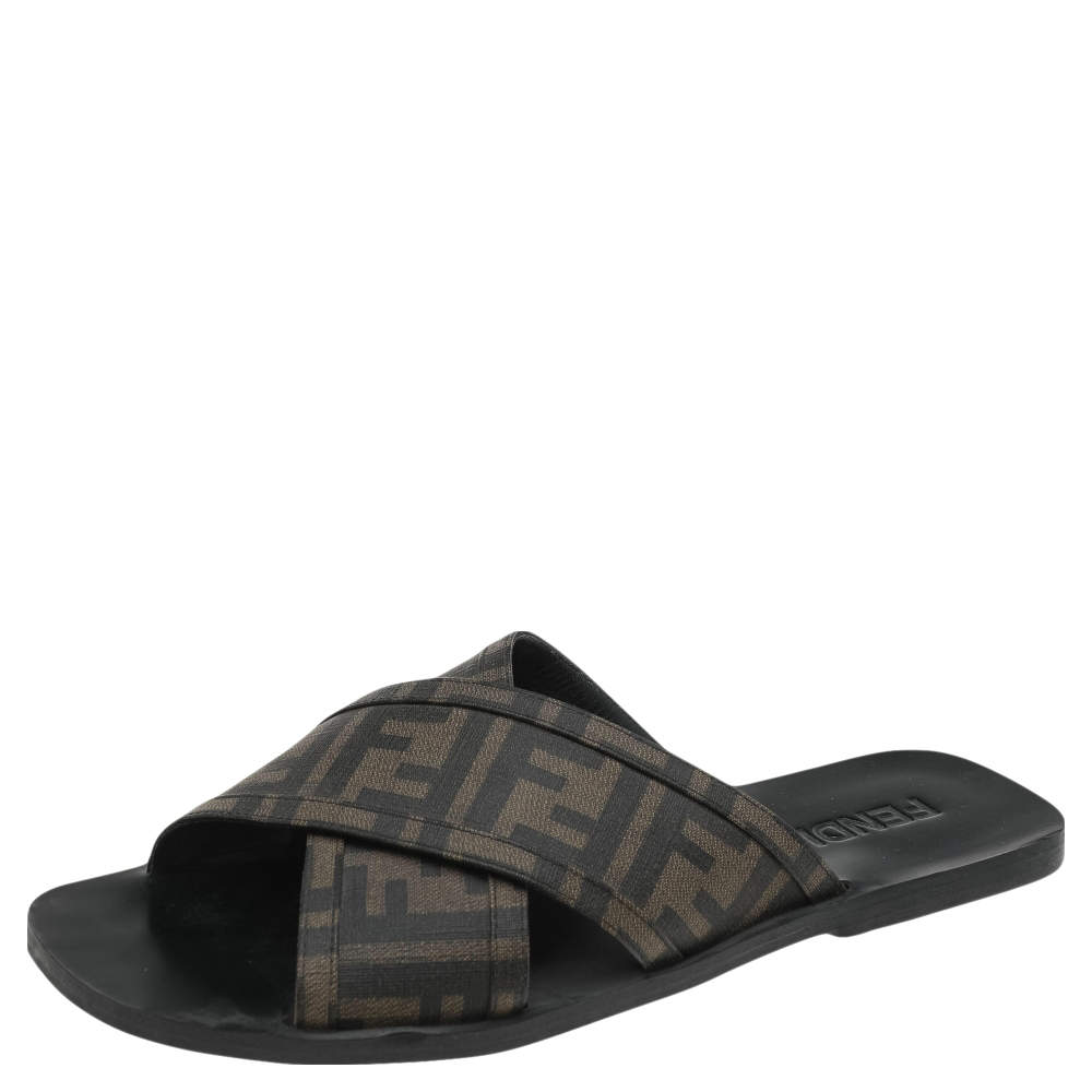 Fendi Brown Zucca Canvas Crisscross Slide Sandals Size 41