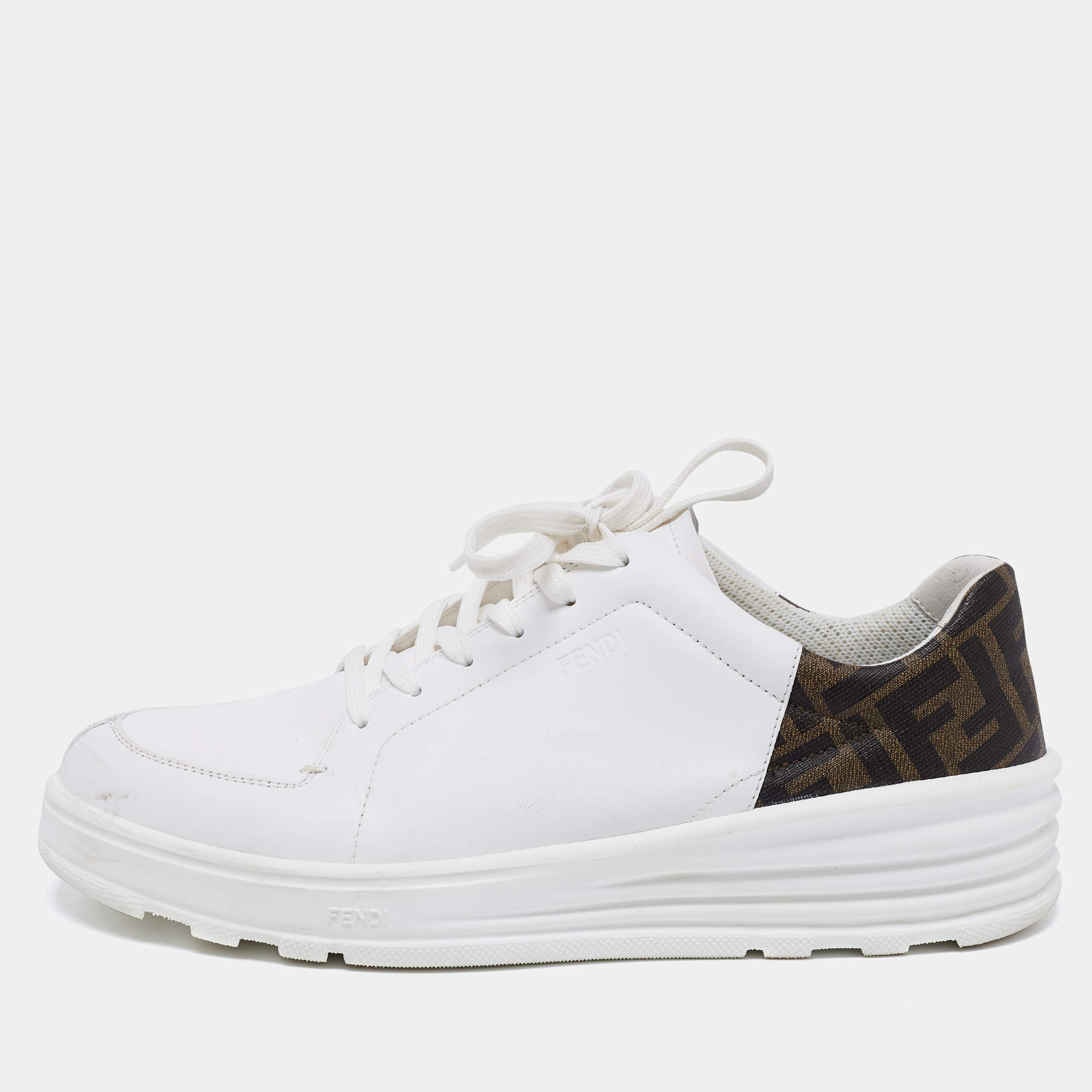 Fendi White/Brown Zucca Coated Canvas And Leather Low Top Sneakers Size 42