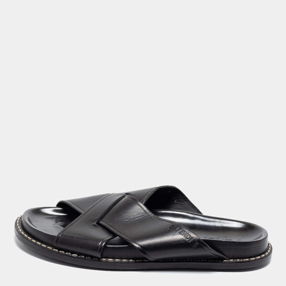 Pre Owned Fendi Black Leather Criss Cross Slide Sandals Size 43.5