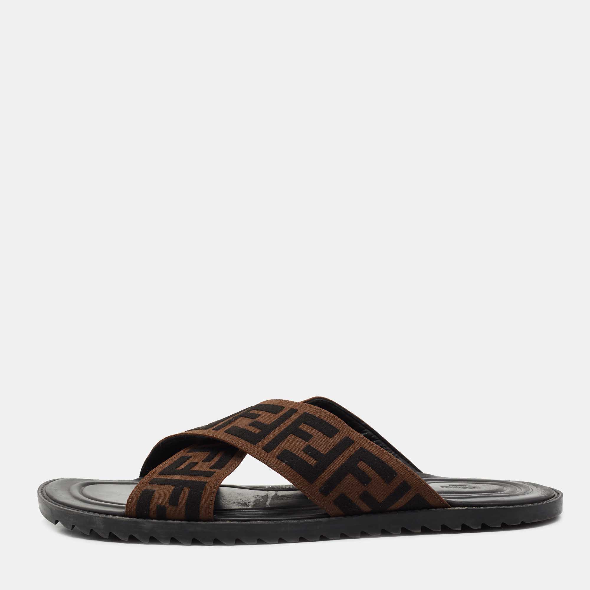 Fendi Brown/Black Zucca Canvas Crisscross Slide Sandals Size 46