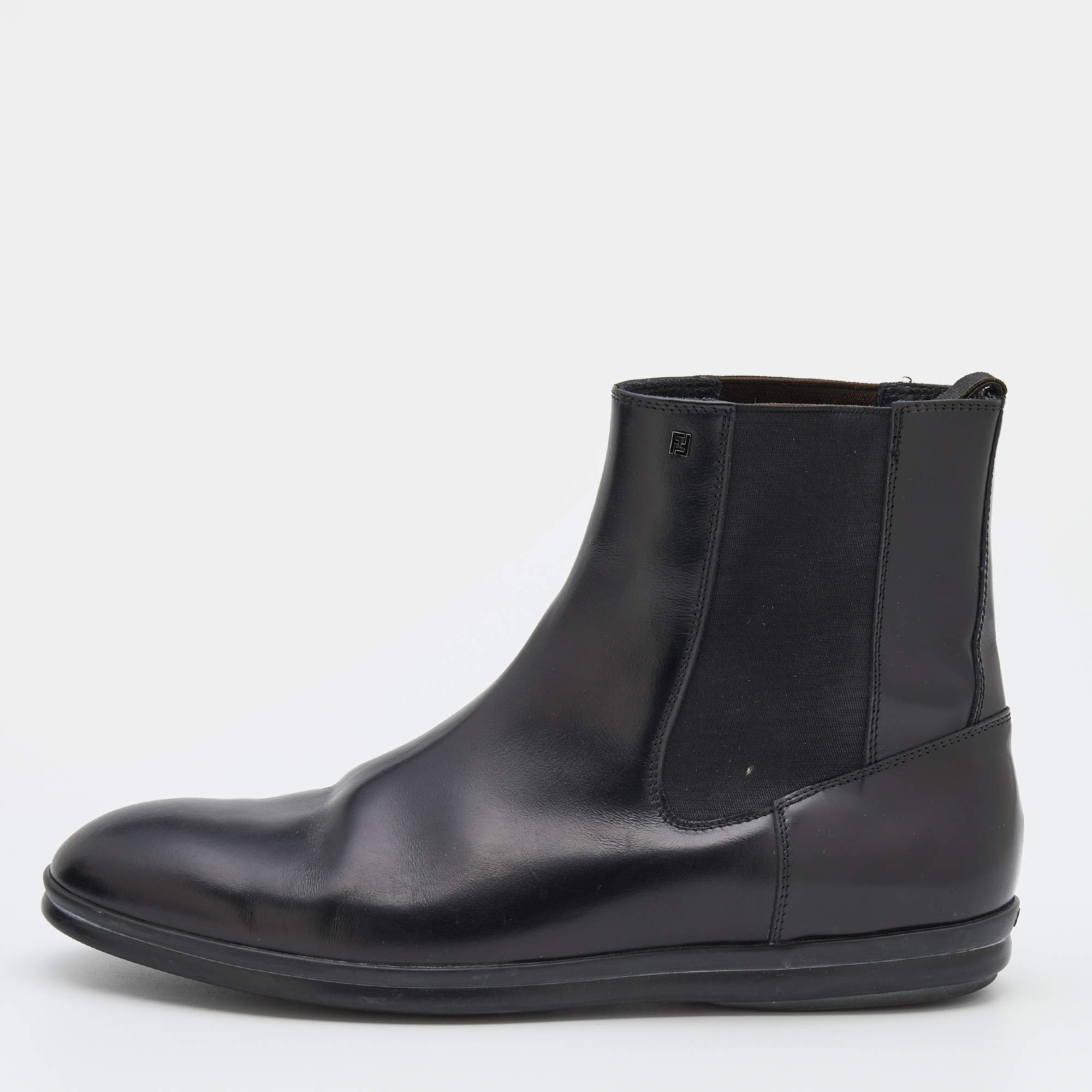 Pre Owned Fendi Black Leather FF Chelsea Boots Size 41.5