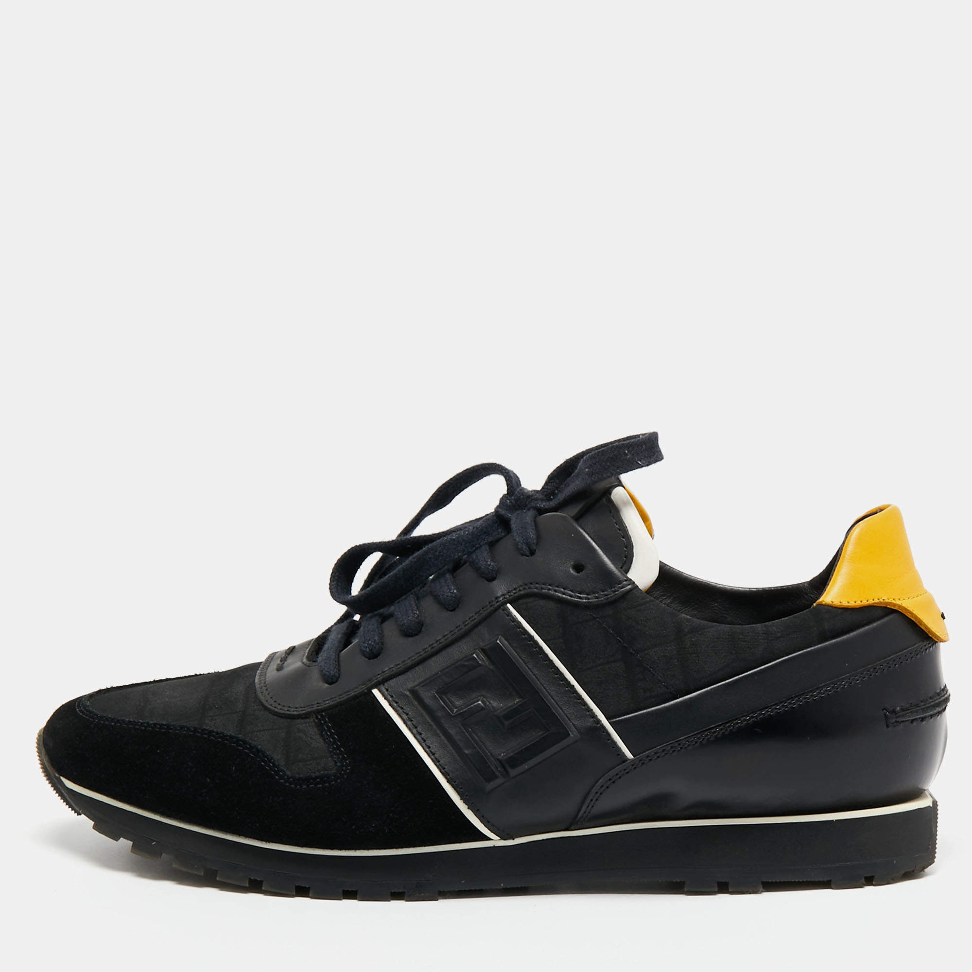 Fendi Black/Yellow Leather, Suede and Printed Fabric Low Top Sneakers Size 42.5