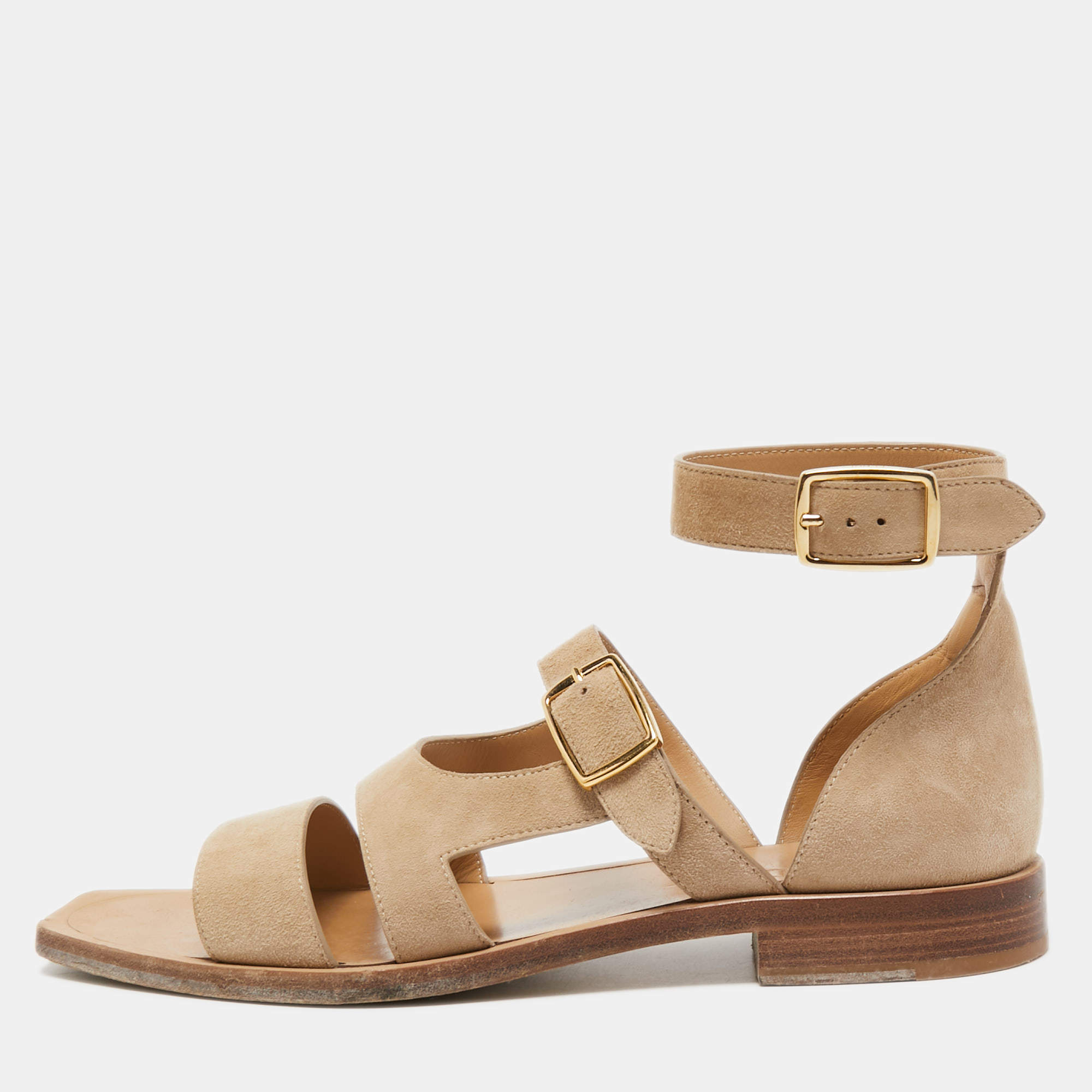 Pre Owned Fendi Beige Suede Flat Sandals Size 42