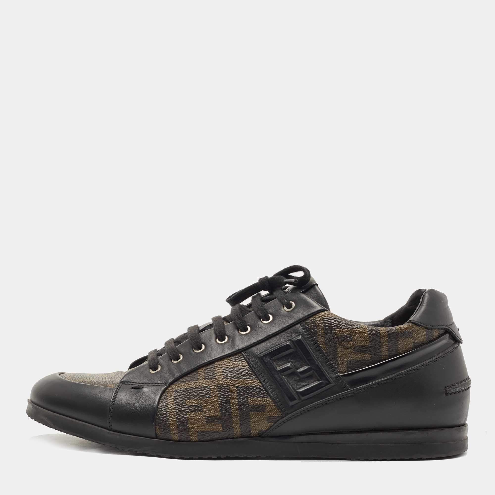 مملوكة مسبقًا Fendi Brown/Black Zucca Canvas and Leather Low Top Sneakers Size 46