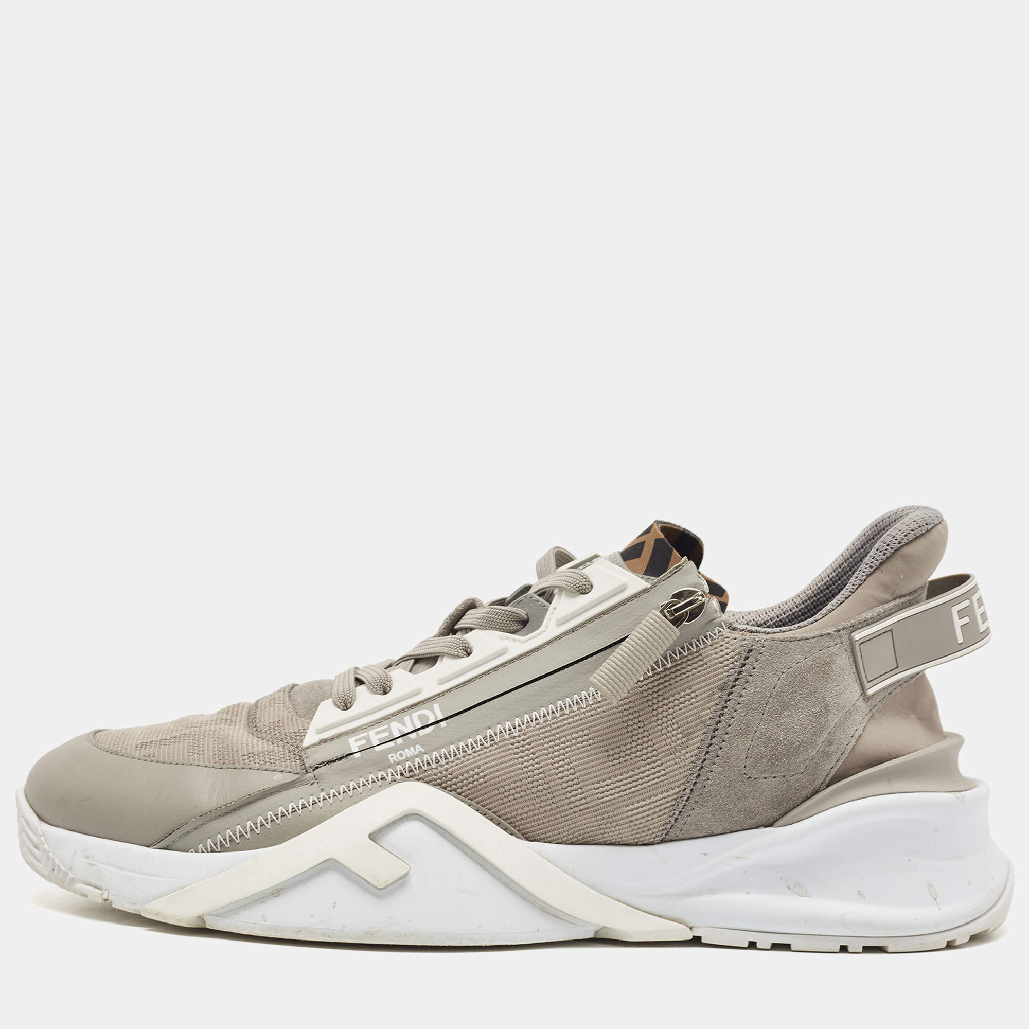 Fendi Grey Leather and Zucca Canvas Flow Sneakers Size 45