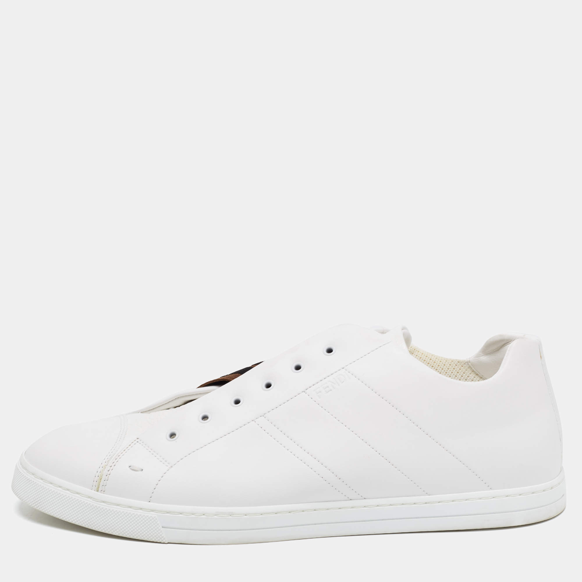 Pre Owned Fendi White/Brown Leather and Zucca Elastic Band Slip On Sneakers Size 45