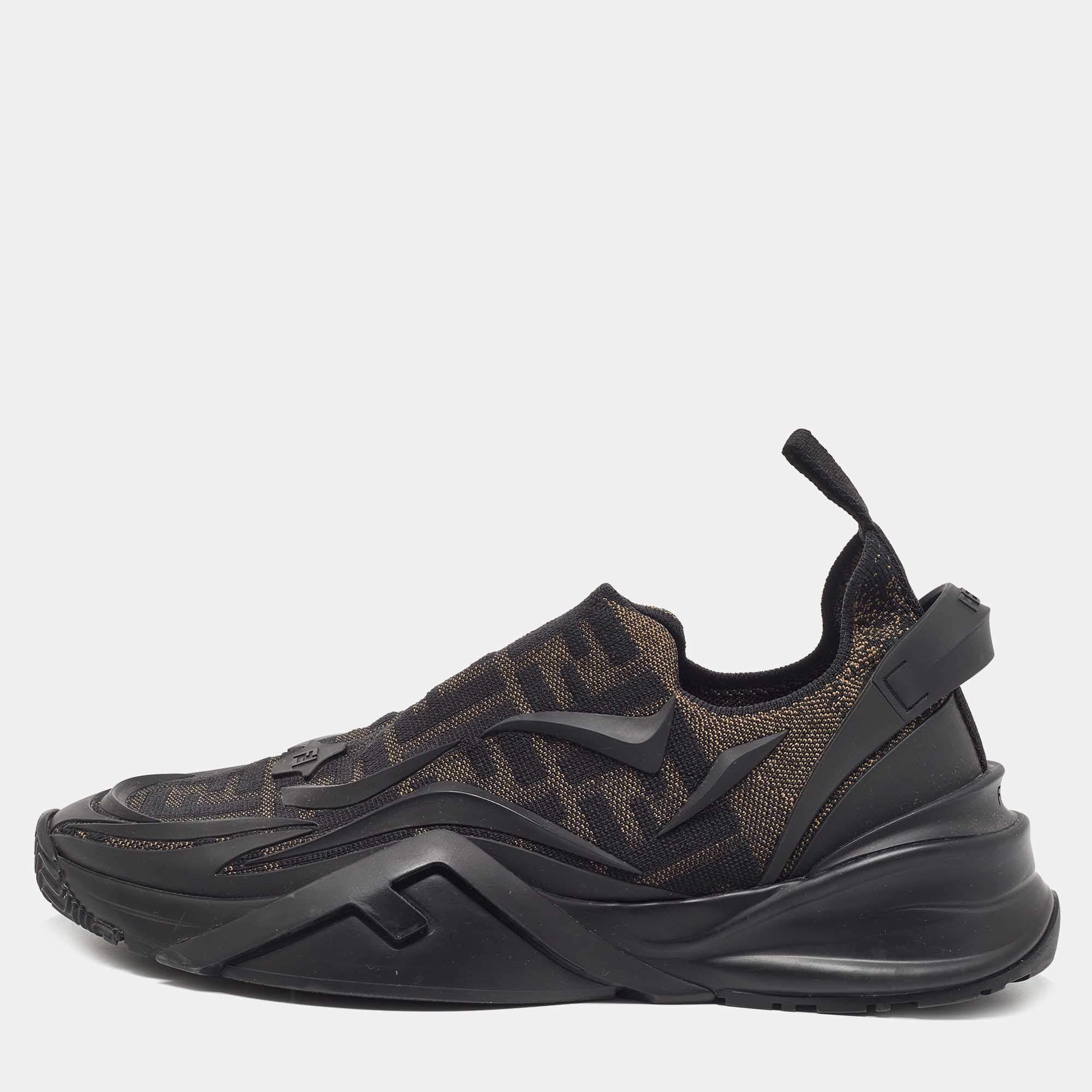 Pre Owned Fendi Black/Brown Rubber and Zucca Fabric Low Top Sneakers Size 41