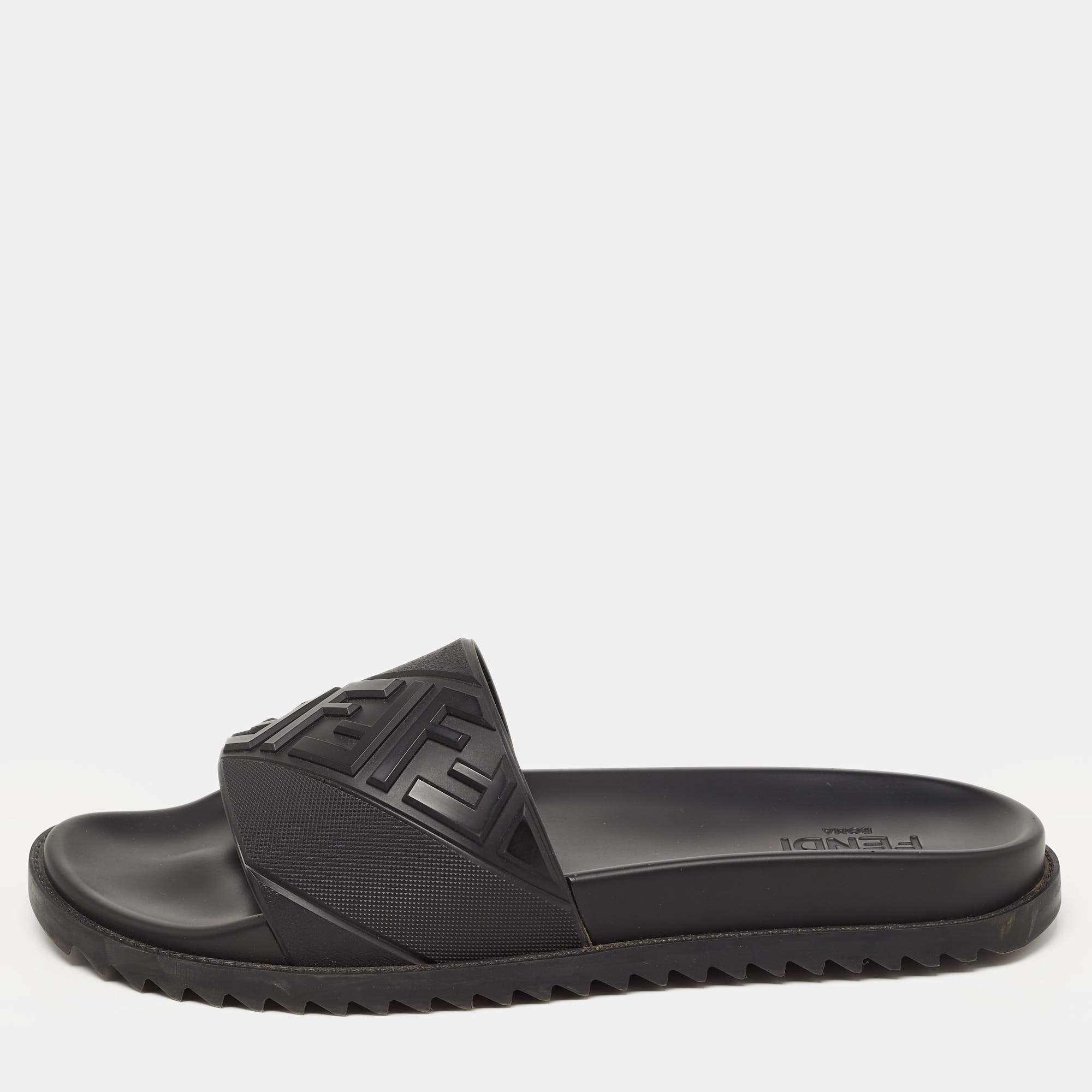 Fendi Black Rubber Embossed FF Logo Slides Size 46