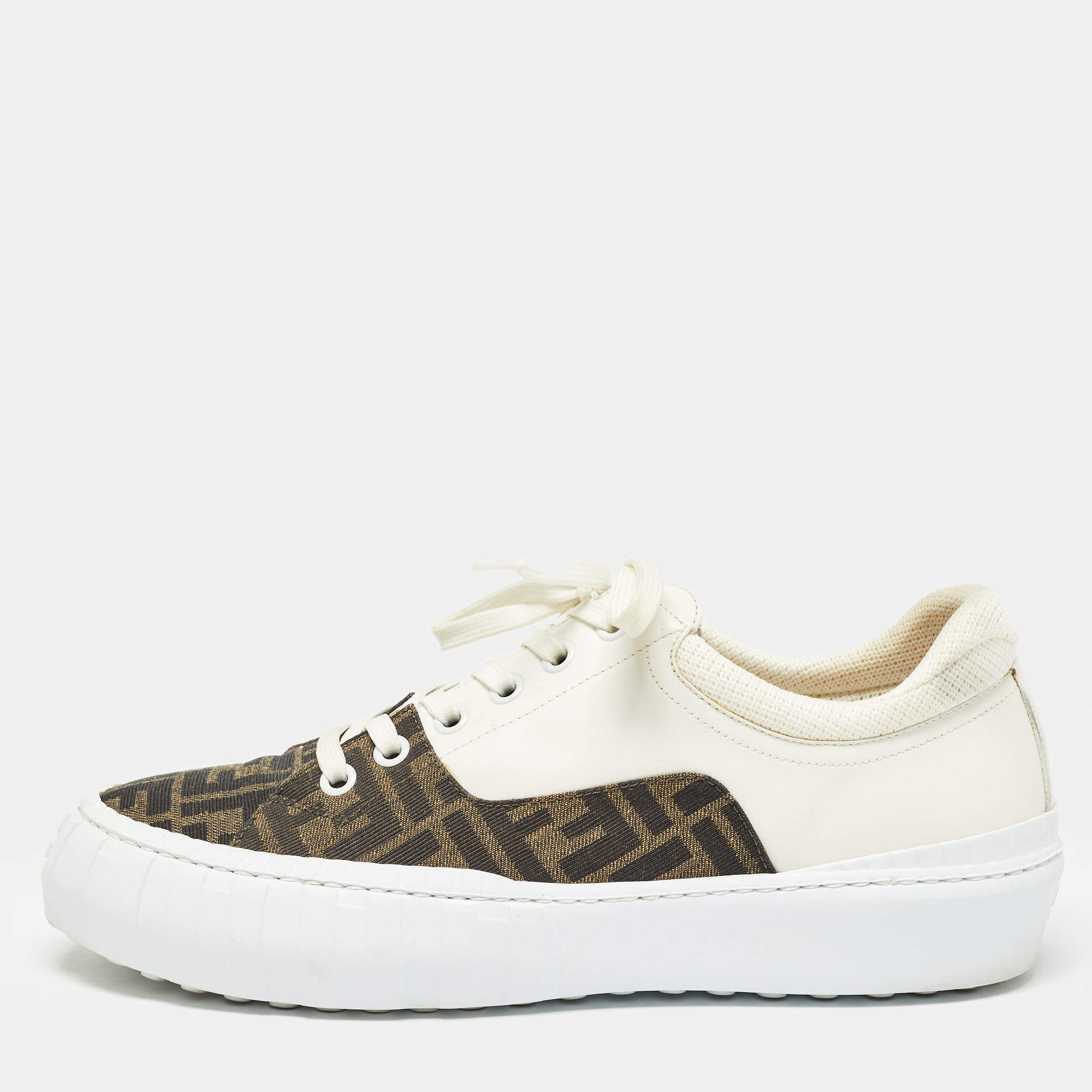 Fendi Brown/White Zucca Canvas and Leather Force Sneakers Size 45