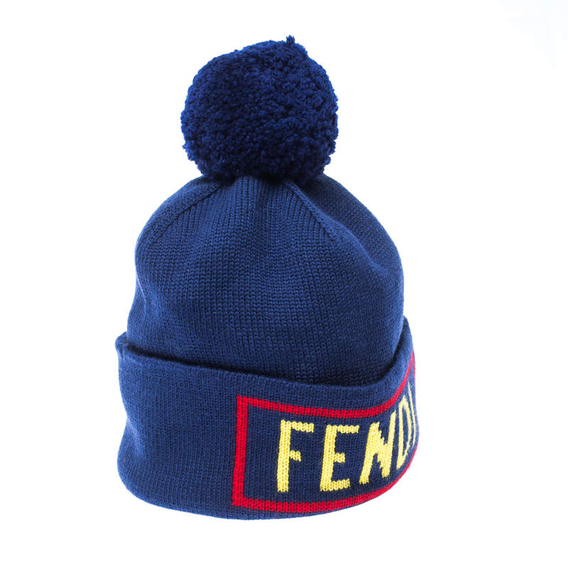 Fendi Blue Logo Intarsia Knit Wool Beanie ( One Size )