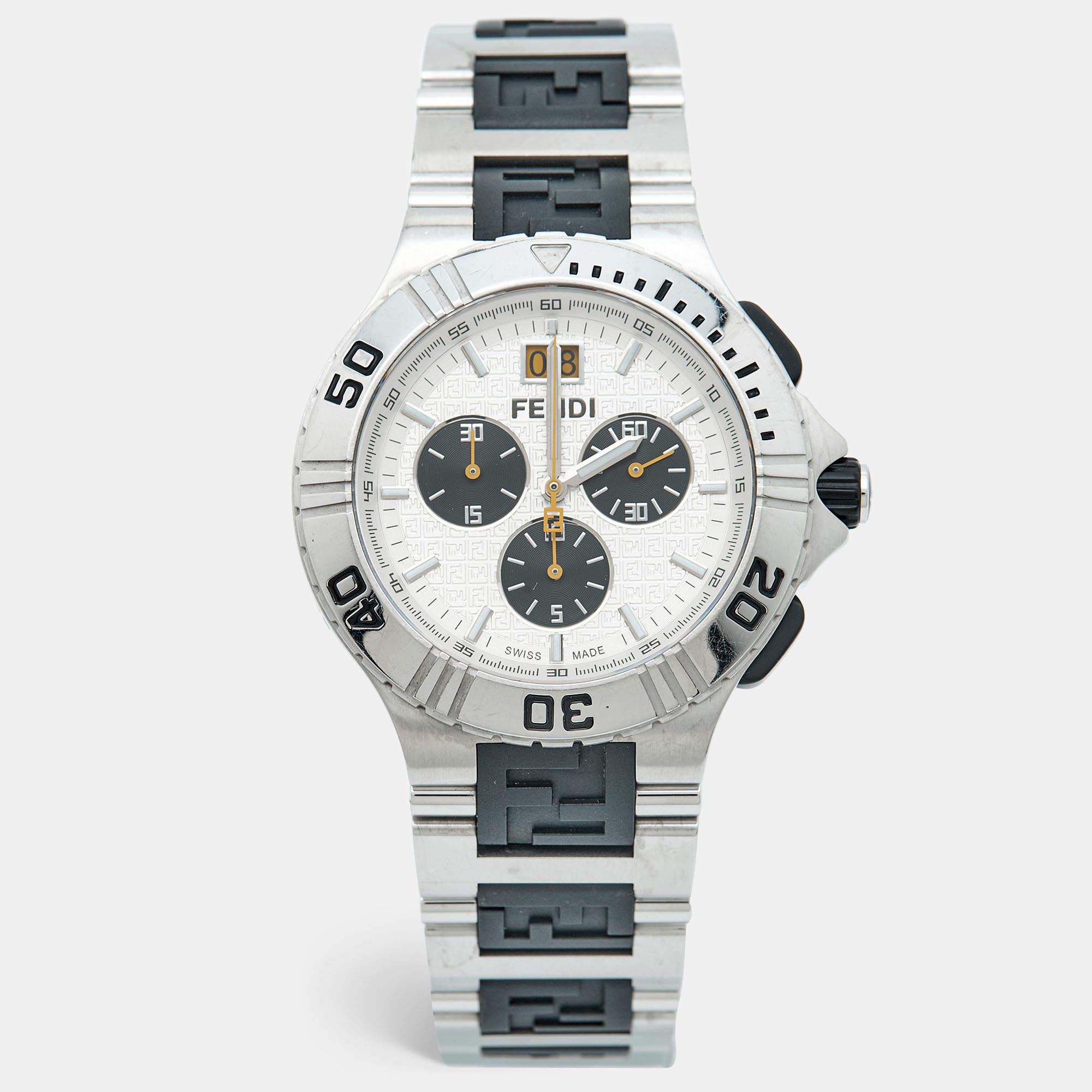 Pre Owned Fendi Silver Dial Two-tone Stainless Steel Rubber 4800G Chronograph Men's Wristwatch 43 mm