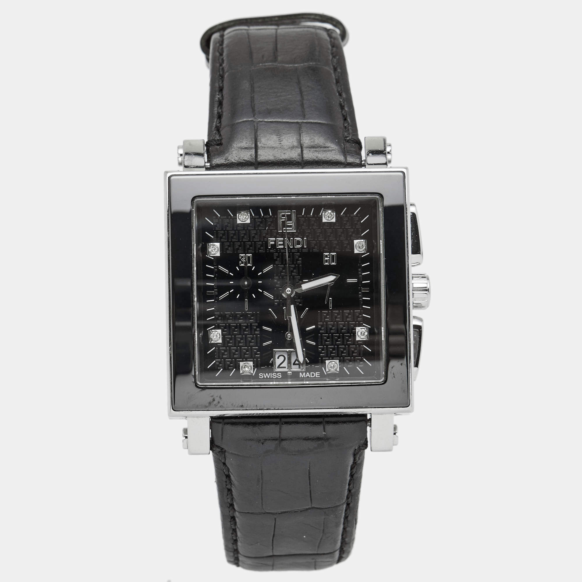 Fendi Black Stainless Steel Ceramic Leather Quadro 6500G Men's Wristwatch 39 mm