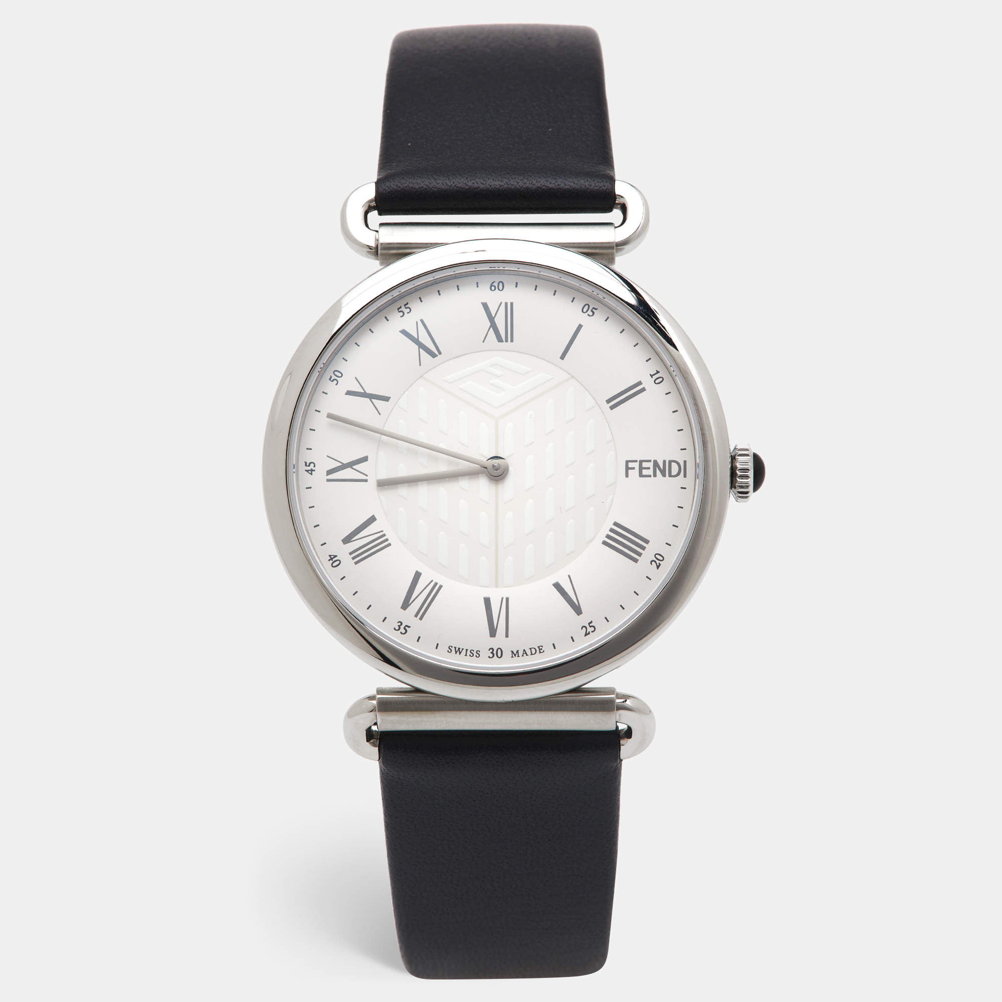 Pre Owned Fendi Silver Stainless Steel Leather Palazzo F0W909-A2YAF0QZ1 Men's Wristwatch 41 mm