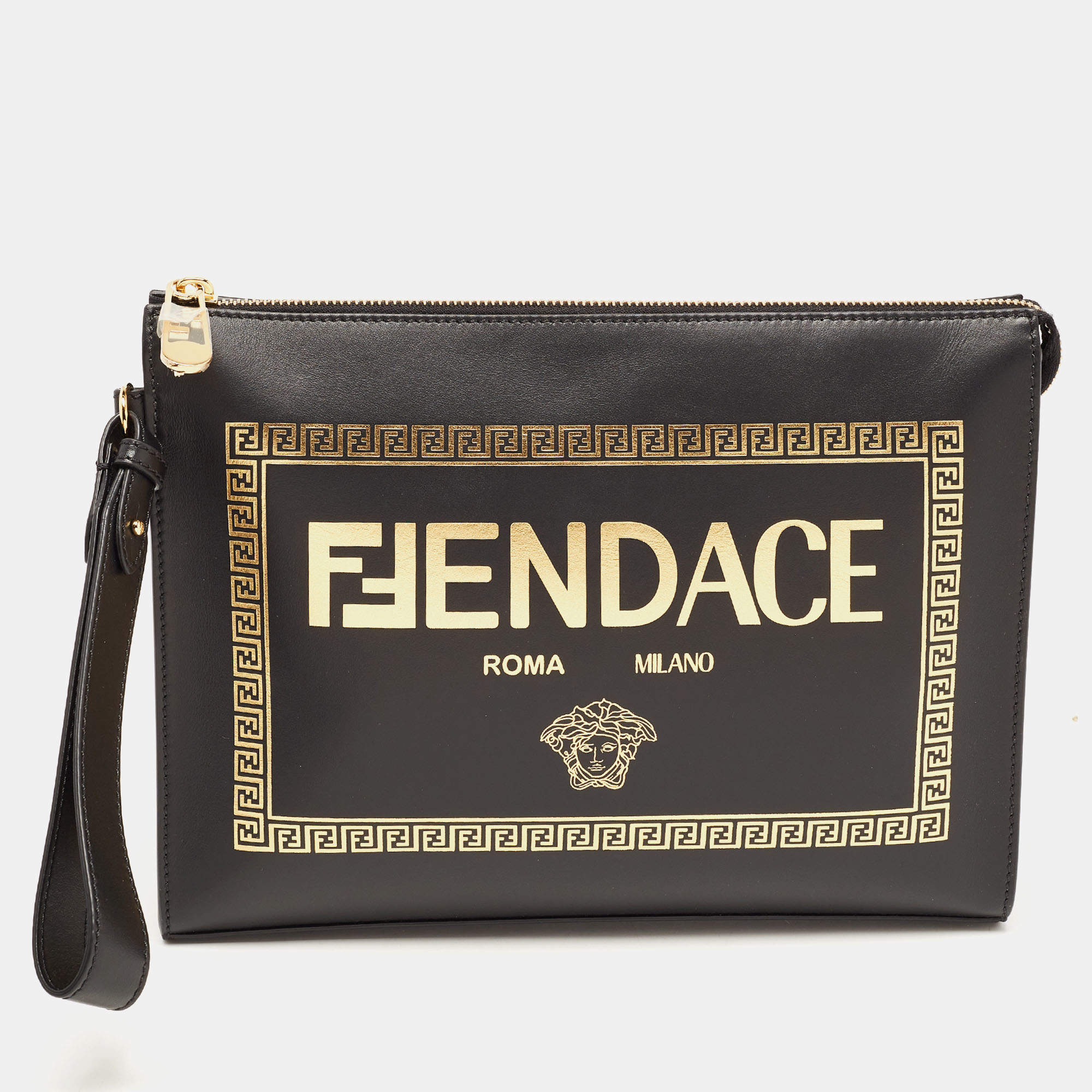 Fendi x Versace Black Leather Logo Wristlet Zip Pouch