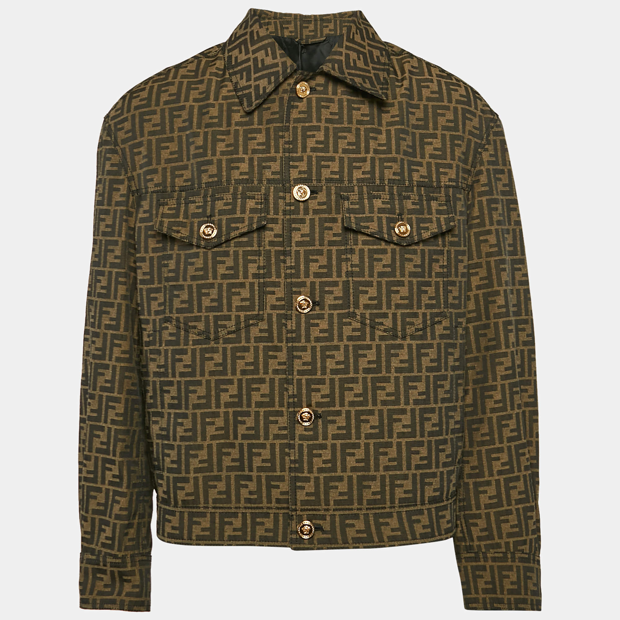 Fendi X Versace Brown Embellished Zucca FF Logo Jacquard Trucker Jacket L