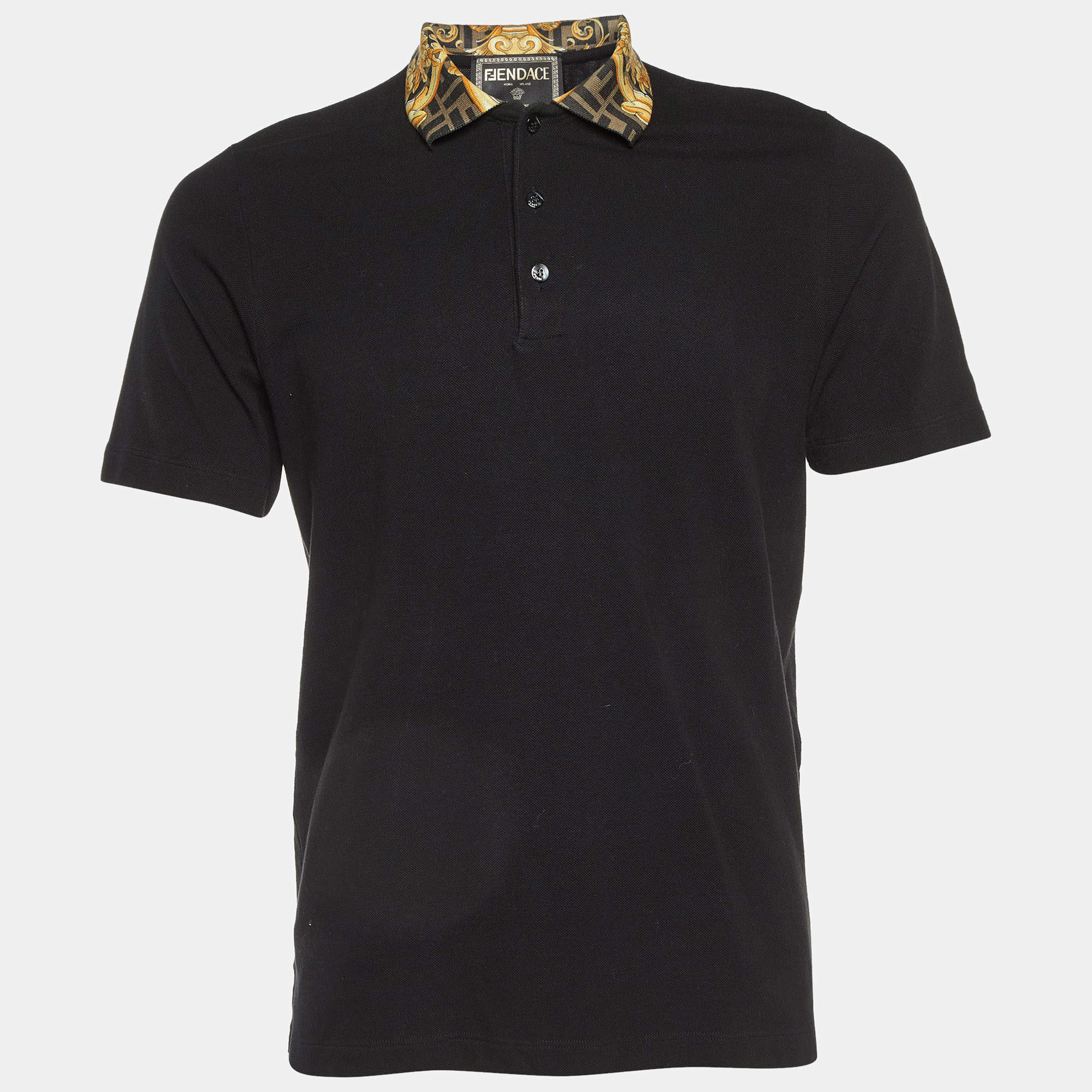Fendance Black Cotton Pique Printed Collar Polo T-Shirt M
