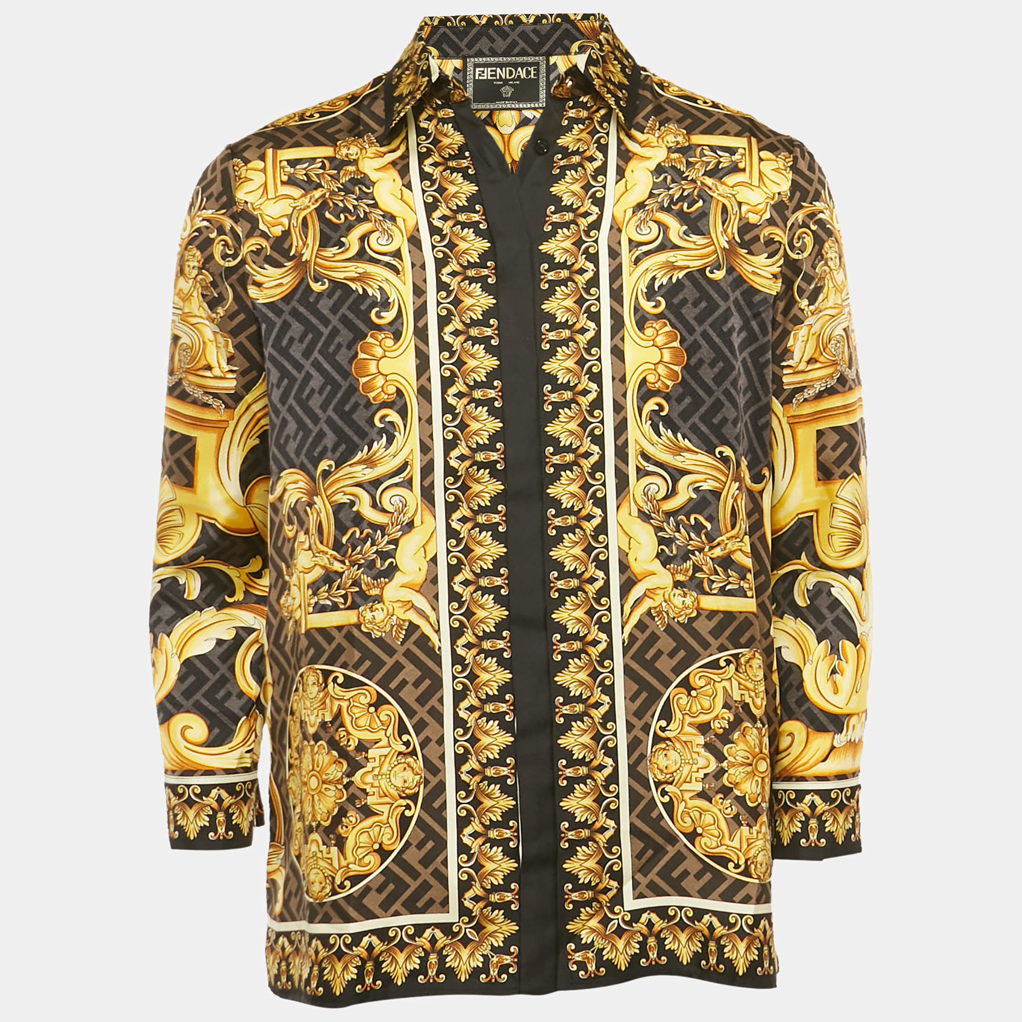 Pre Owned Fendace Black/Yellow FF Barocco Print Silk Shirt S