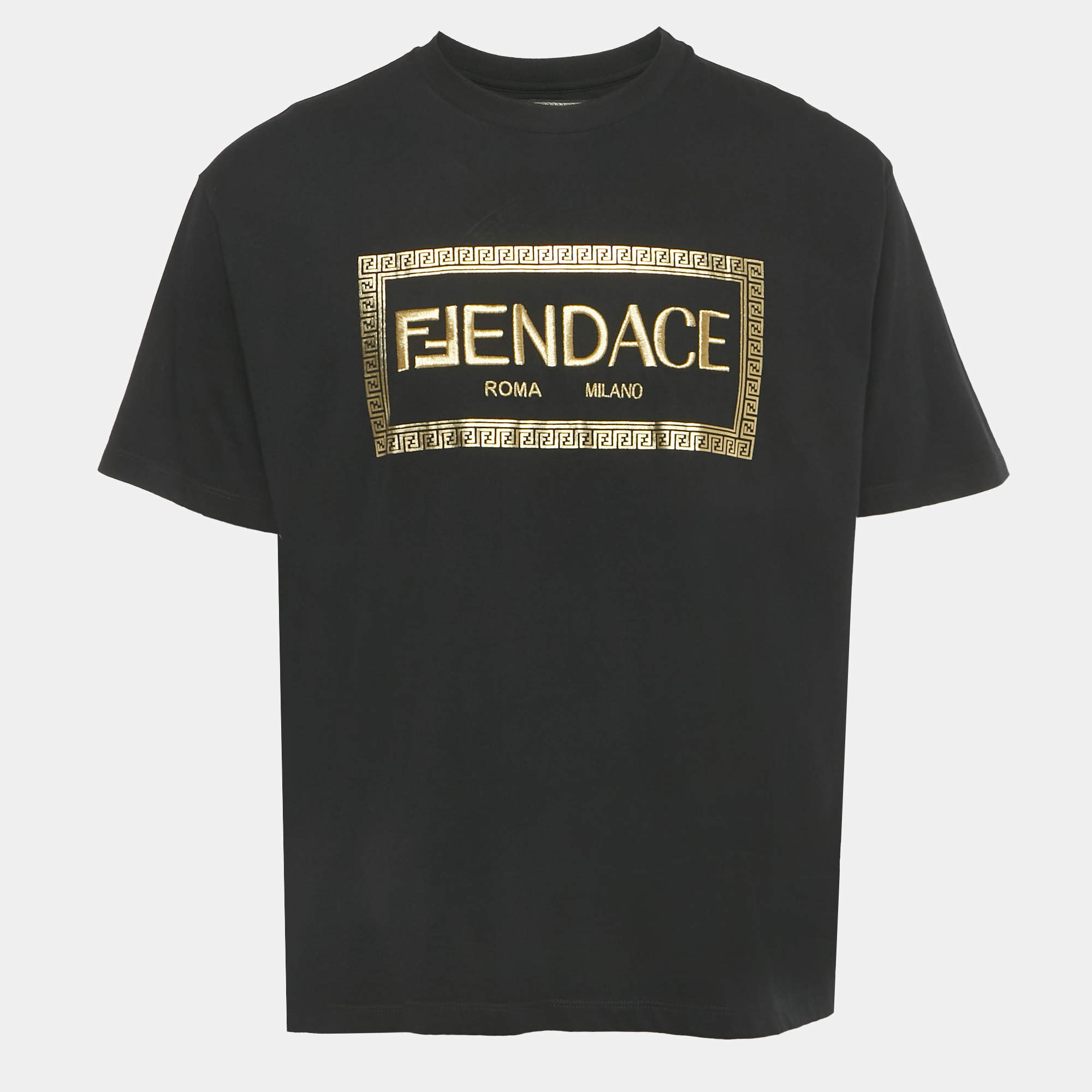 Pre Owned Fendance Black Logo Embroidery and Print Crew Neck T-Shirt L