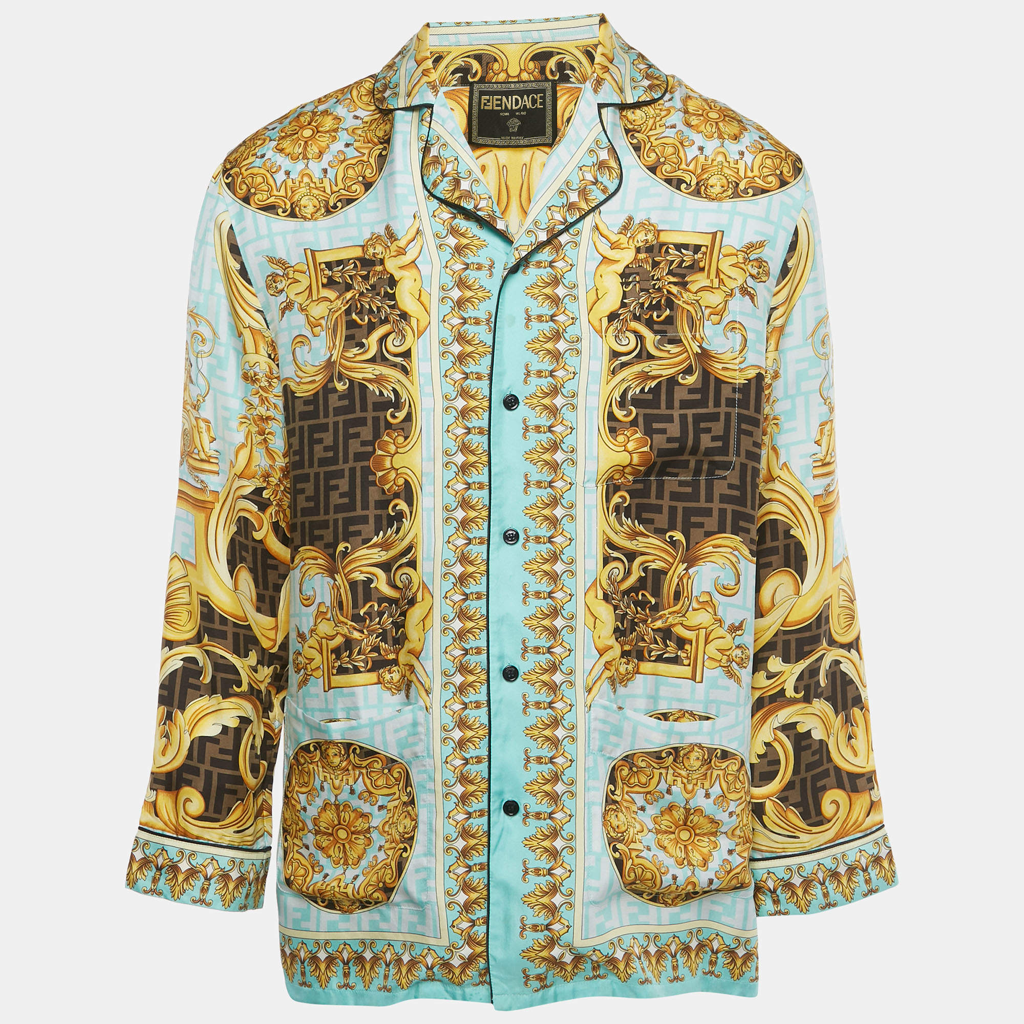 Pre Owned Fendace Aqua Blue Baroque Print Silk Pajama Shirt S  