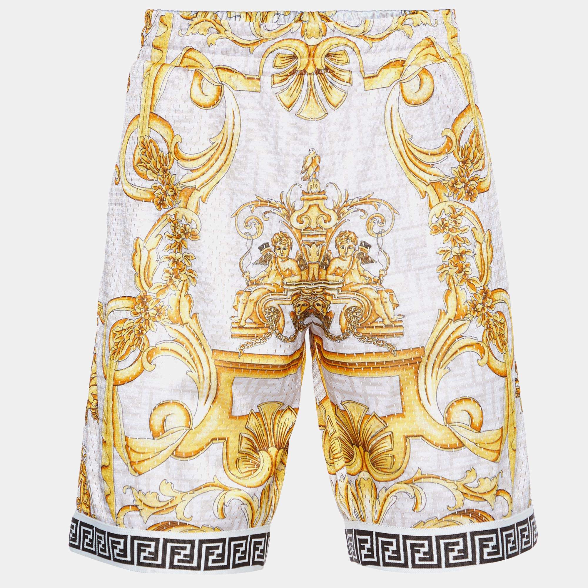 Pre Owned Fendace White Baroque Printed Perforated Knit Shorts L