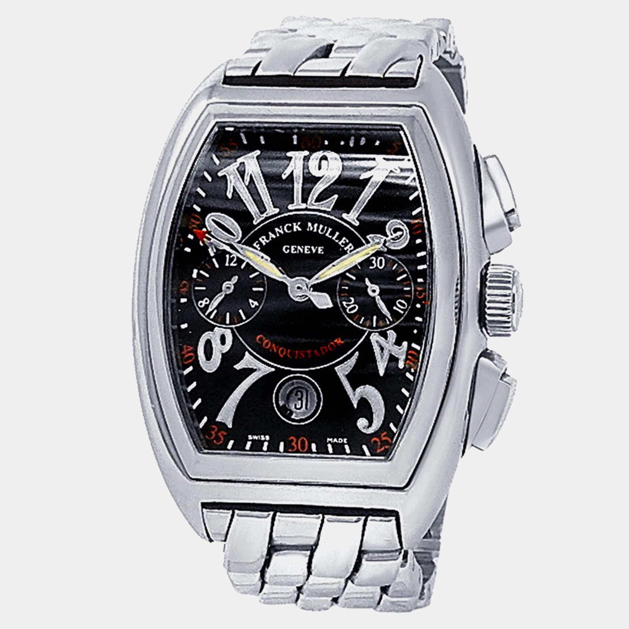 Pre Owned Franck Muller Conquistador 8001 CC Automatic Chronograph Black Dial Stainless Steel Men's Wristwatch 34 mm