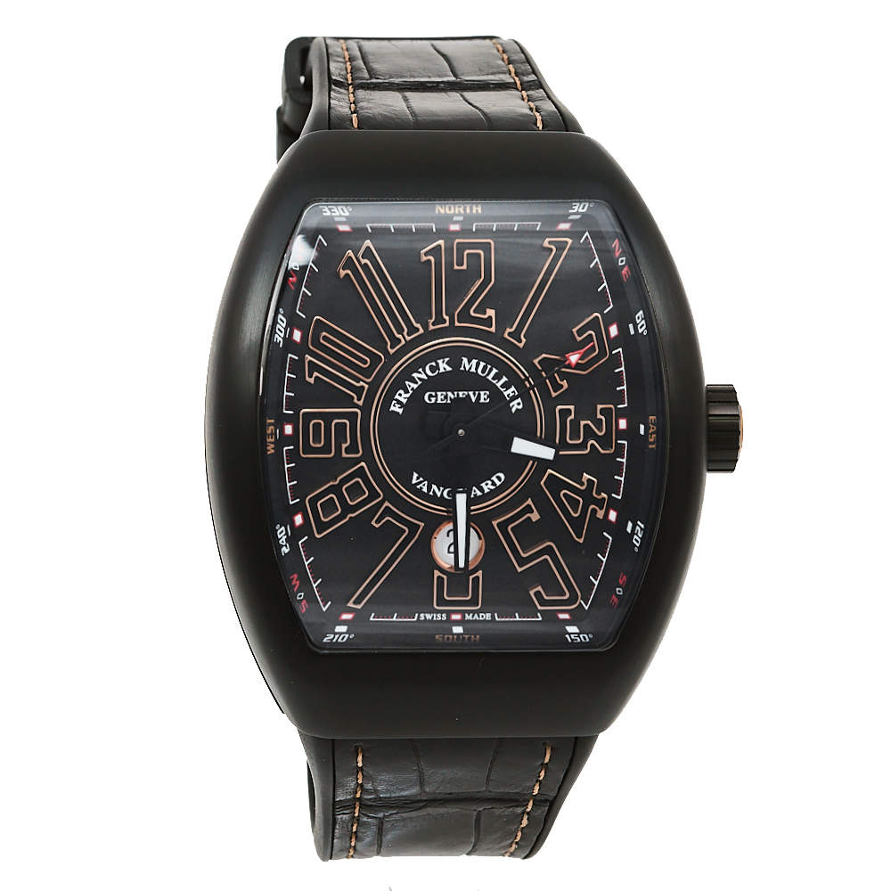 Pre Owned Franck Muller Black 18K Rose Gold & Titanium Leather Vanguard V 45 SC DT Men's Wristwatch 44 mm
