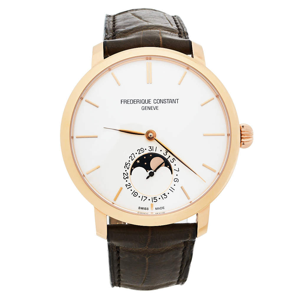 Frederique Constant Rose Gold Plated Stainless Steel Leather Slimline Moonphase Men's Wristwatch 42 mm