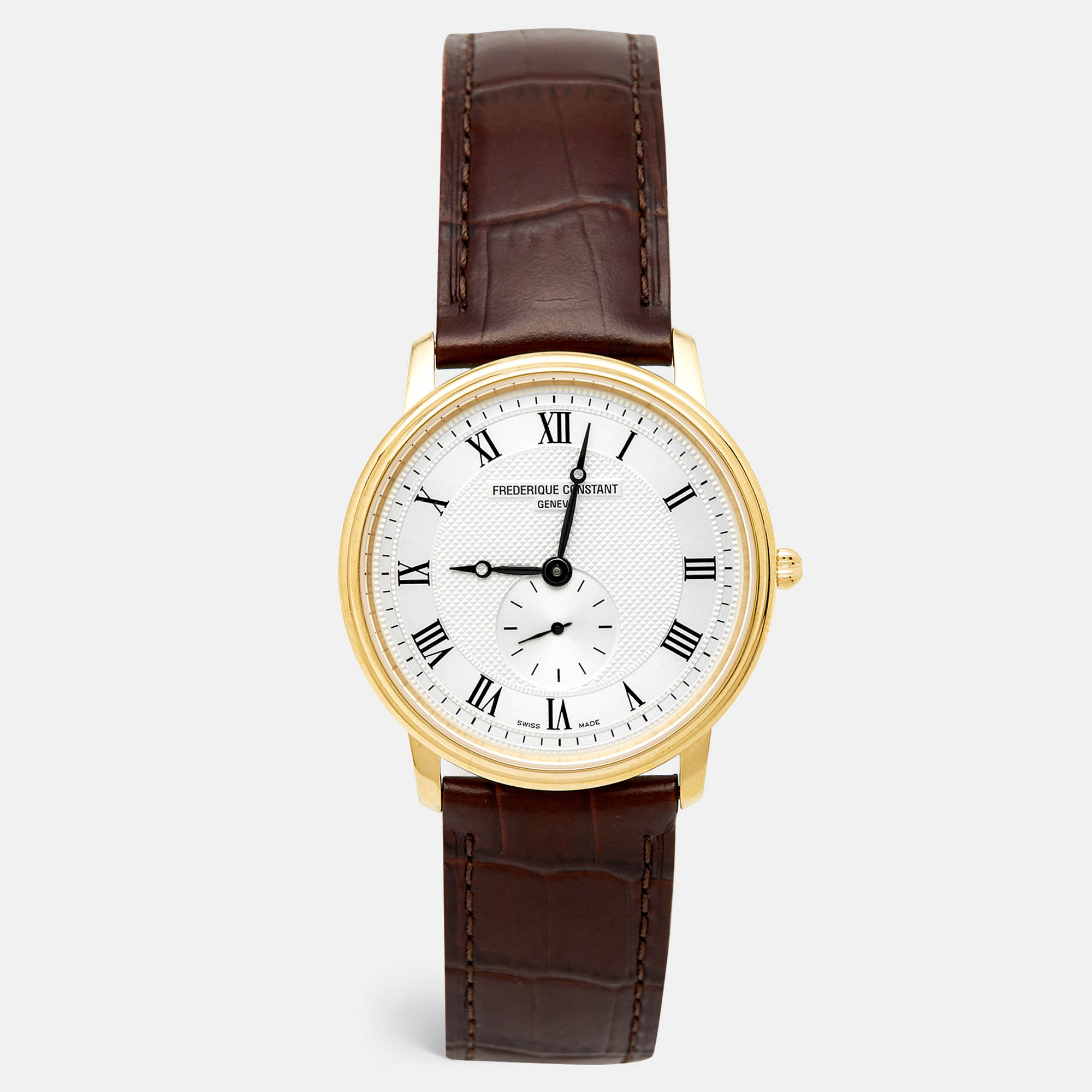 مملوكة مسبقًا Frederique Constant Silver Gold Plated Stainless Steel Crococalf Leather Classic Slim Line FC200/220/235/245X4S25/6 Men's Wristwatch 37 mm