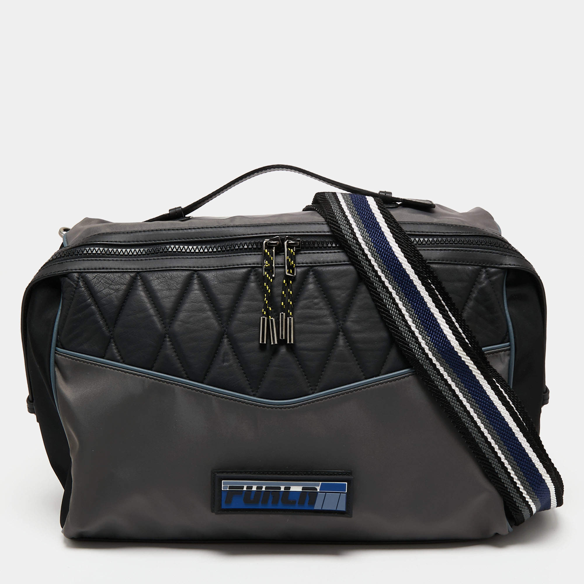 Pre Owned Furla Black/Grey Quilted Leather and Nylon Crossbody Bag