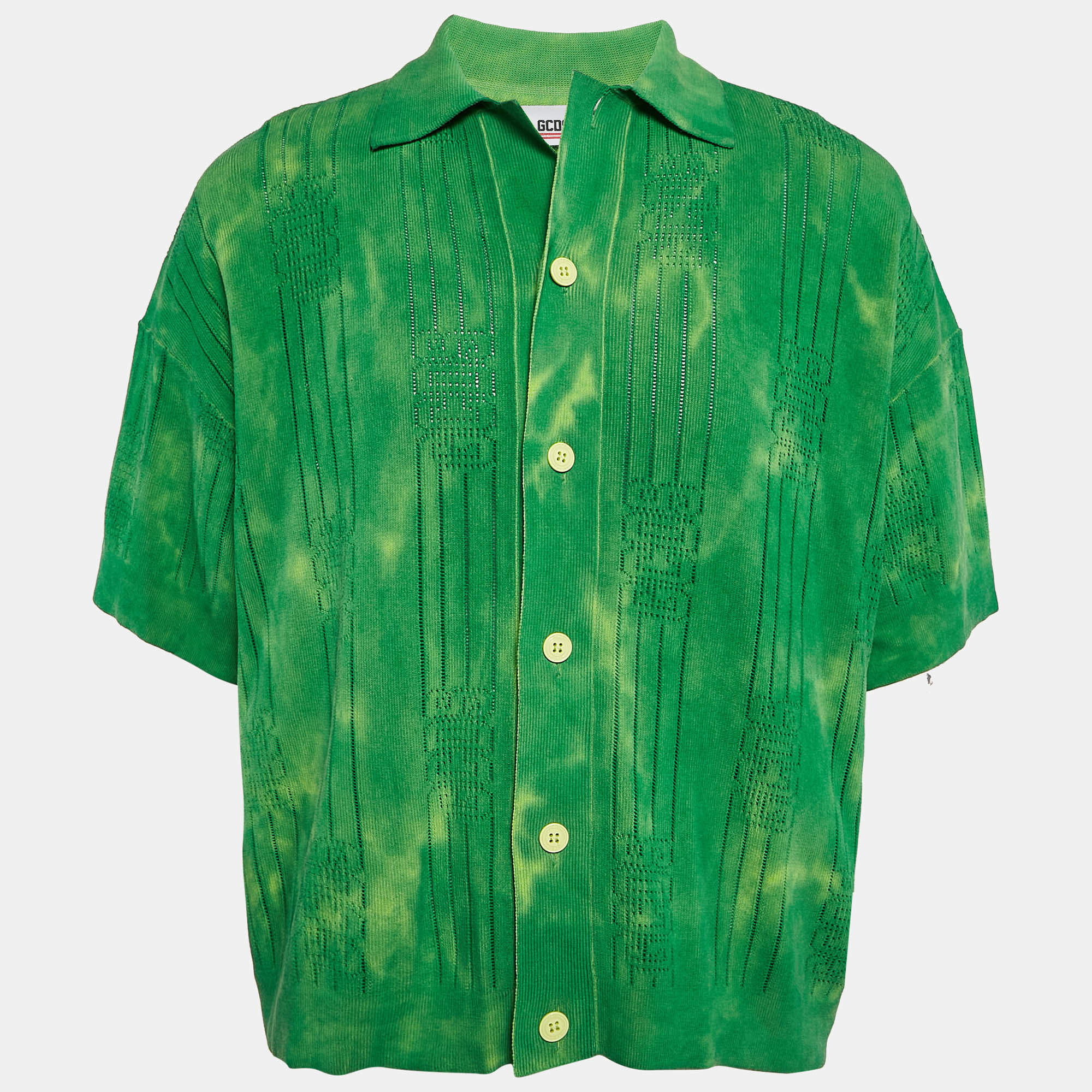 GCDS Green Logo Patterned Tie-Dye Print Cotton Knit Shirt M