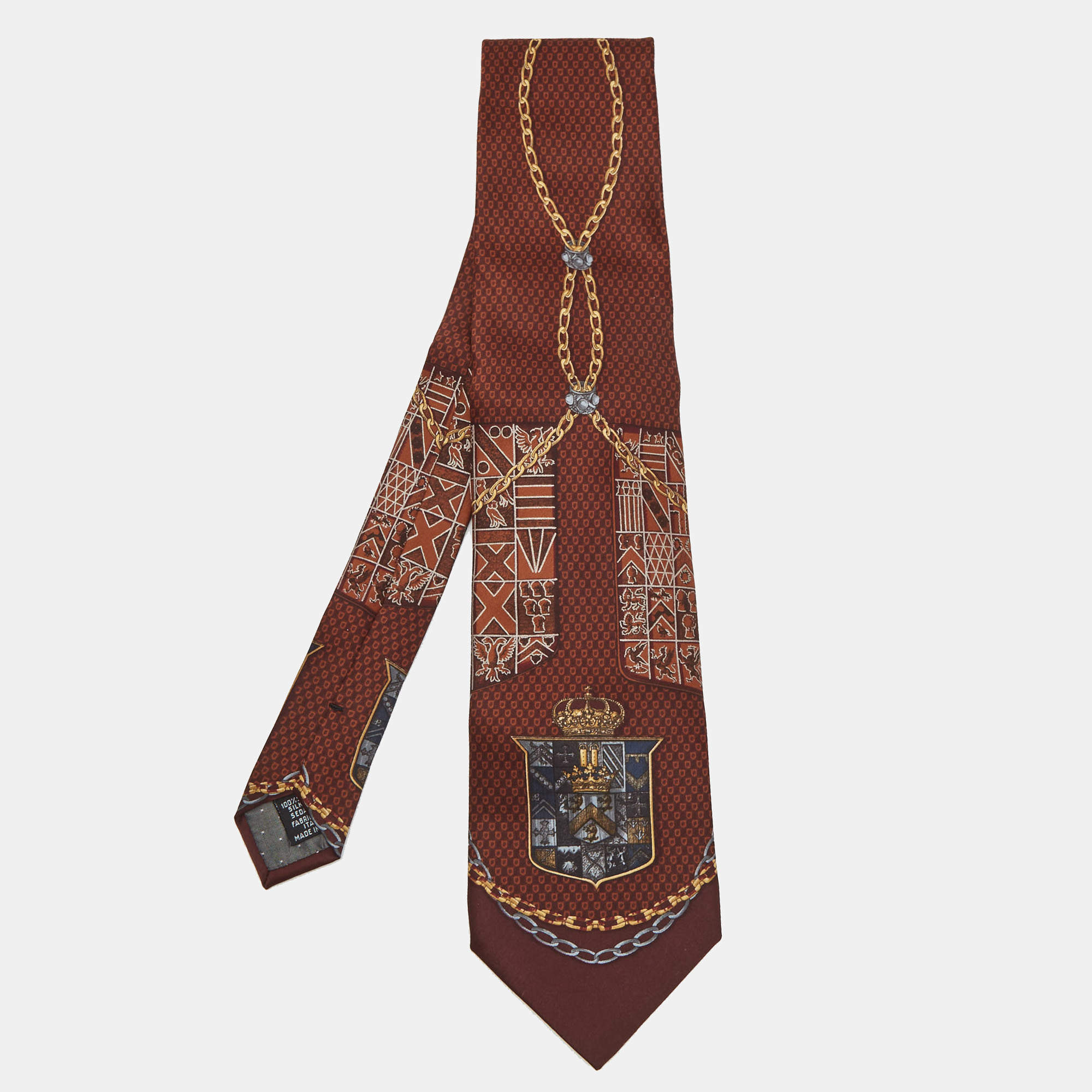 Gianfranco Ferre Brown Chain and Crest Printed Silk Tie