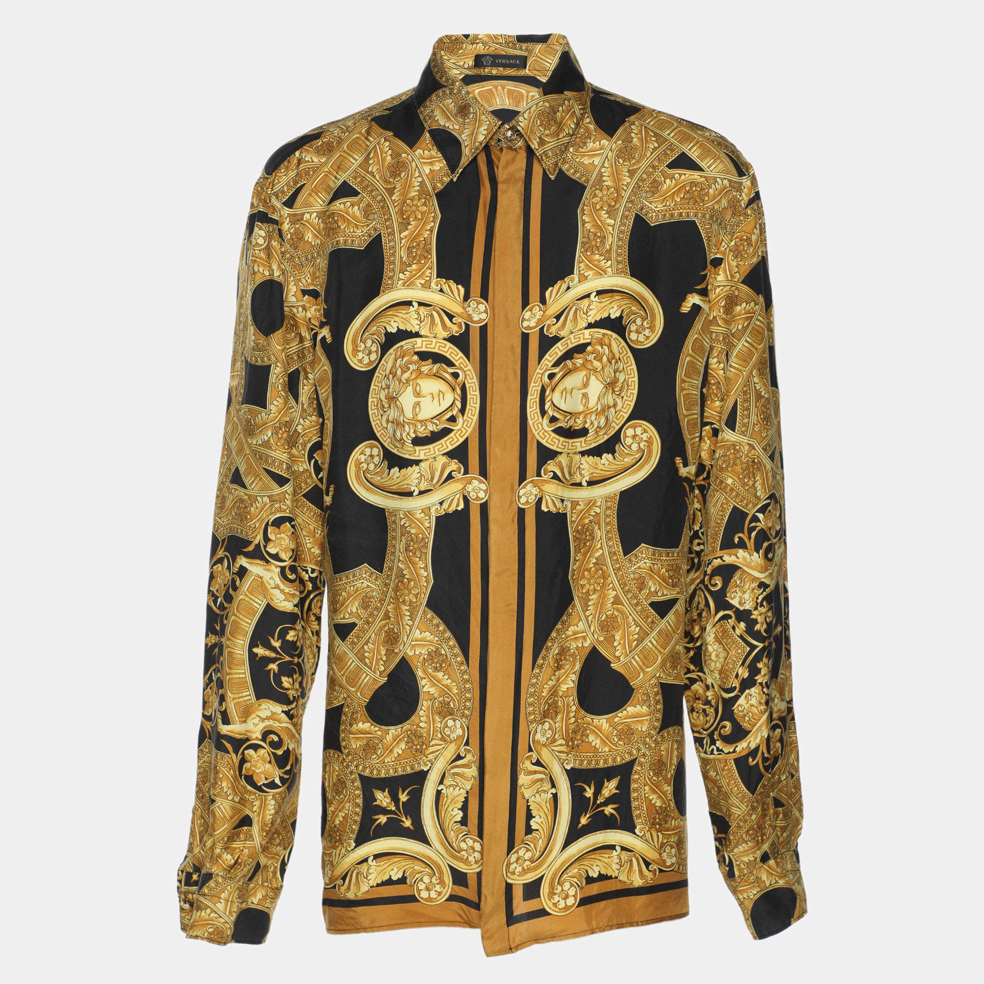 Pre Owned Gianni Versace Black/Gold Silk Barocco Print Long Sleeve Shirt XL