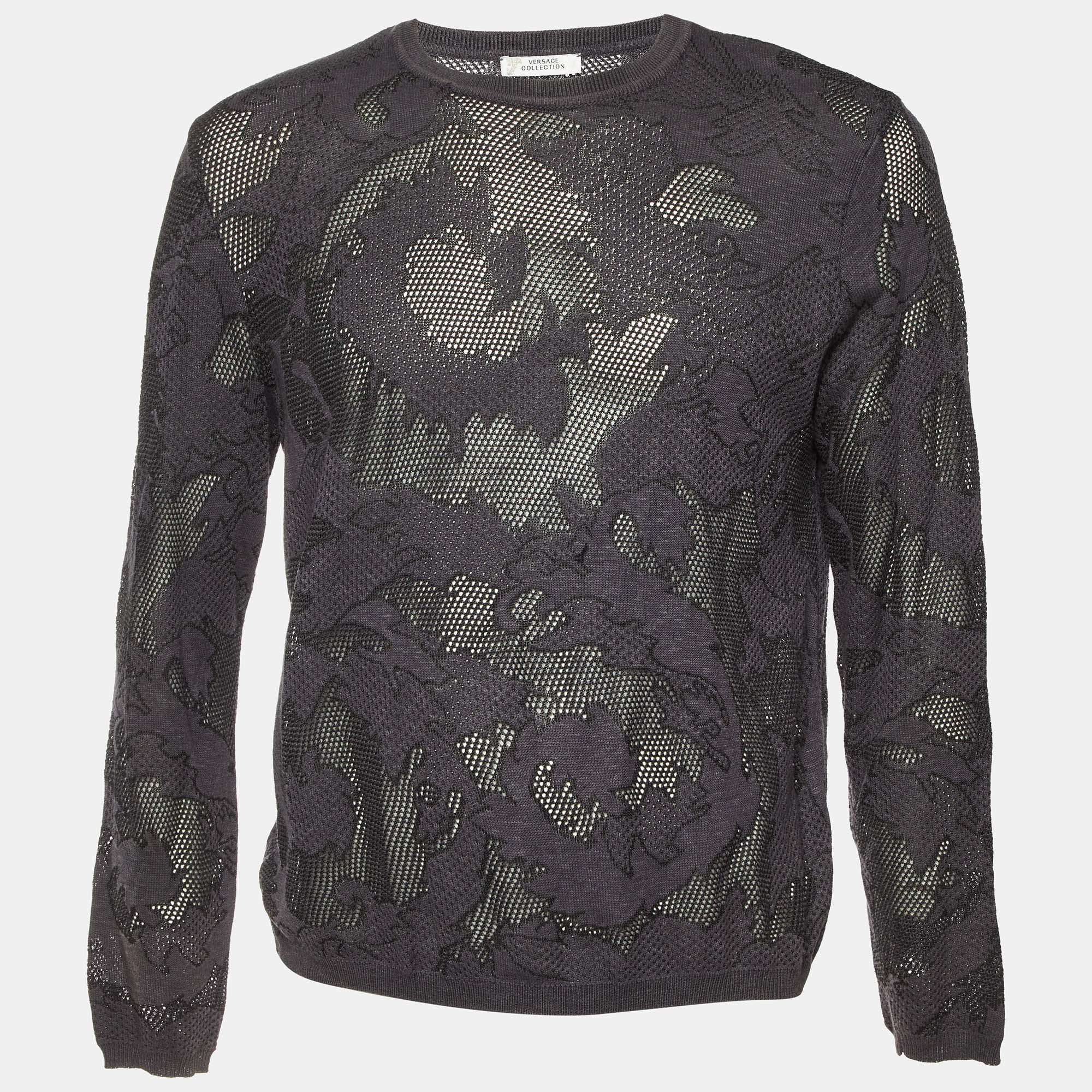 Pre Owned Gianni Versace Grey Floral Mesh Knit Sweater XL
