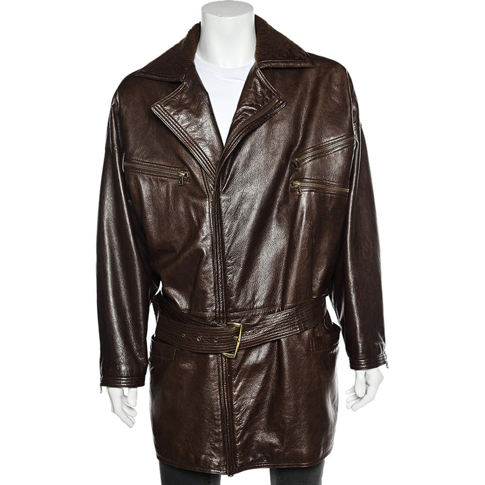 Pre Owned Gianni Versace Brown Leather Zip Front Belted Coat XL